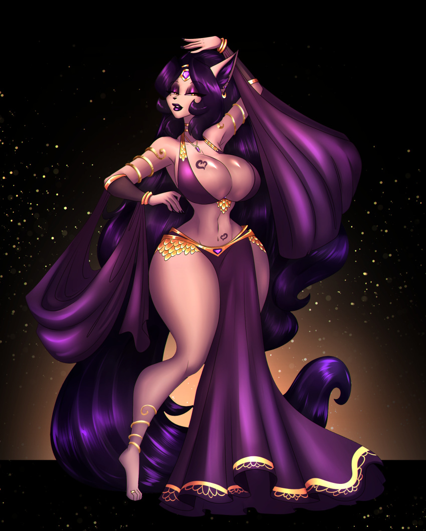 1girls anthro armlet belise7 belly_dancer belly_dancer_outfit dancer dancer_outfit dancing female female_only fox_ears fox_girl furry harem_girl harem_outfit huge_breasts loincloth necklace original original_character pandora_(belise7) purple_hair solo tattoo thick_thighs tiara very_long_hair