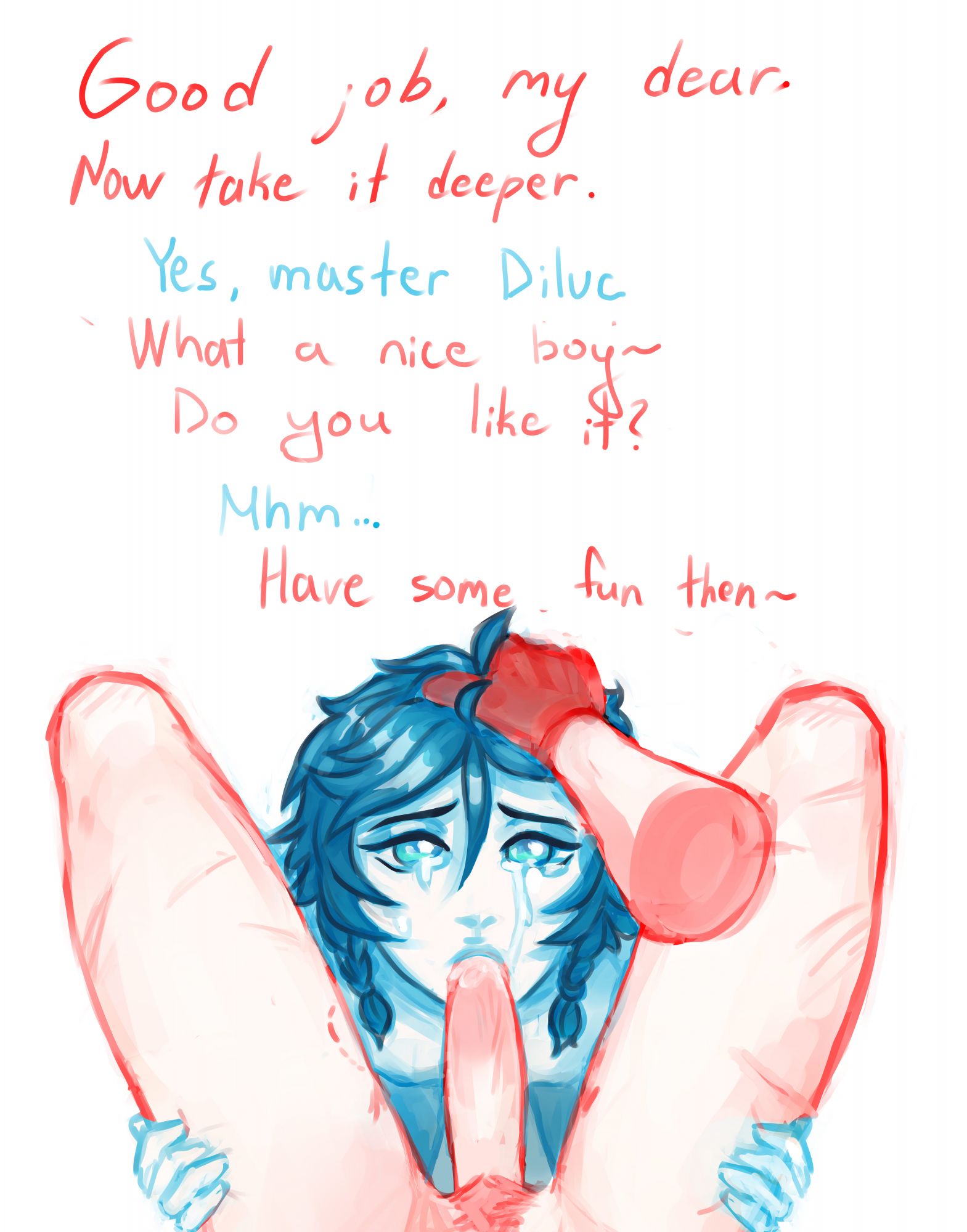 2boys, anyan, blue eyes, blue hair, braid, braided hair, braids, crying, crying with eyes open, cum in mouth, dialogue, diluc (genshin impact), disembodied hand, femboy, gay, genshin impact, male, oral, pubic hair, red hair, red pubic hair, sketch, sub says what?, teasing, trap, venti (genshin impact), verbal domination, yaoi