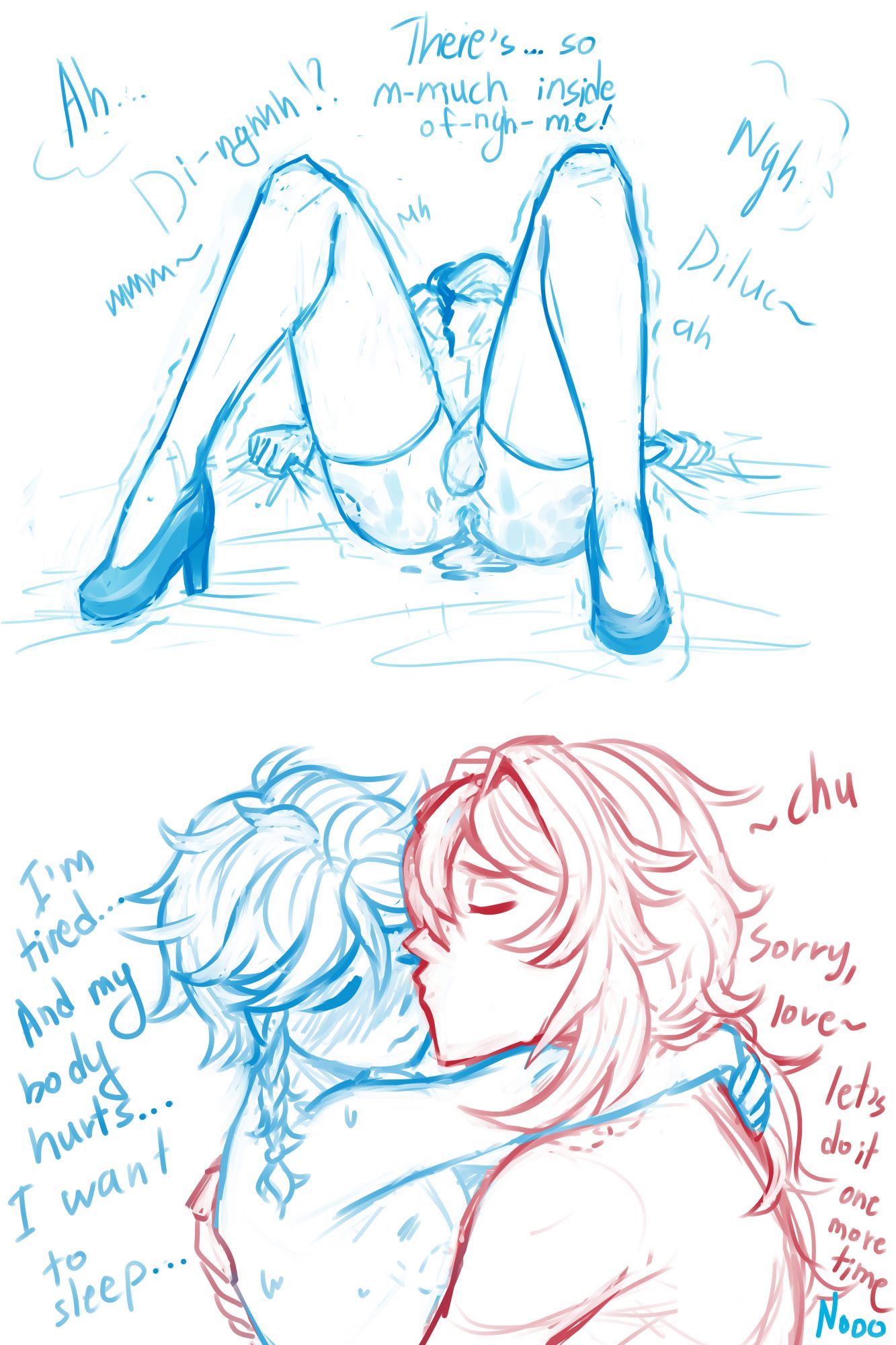 2boys, after sex, anyan, ass, braid, braided hair, braids, cum in ass, diluc (genshin impact), femboy, gay, genshin impact, gripping sheets, high heels, leaking cum, leggings, male, male only, markings, punishment, red hair, sketch, stockings, tired, trap, venti (genshin impact), yaoi