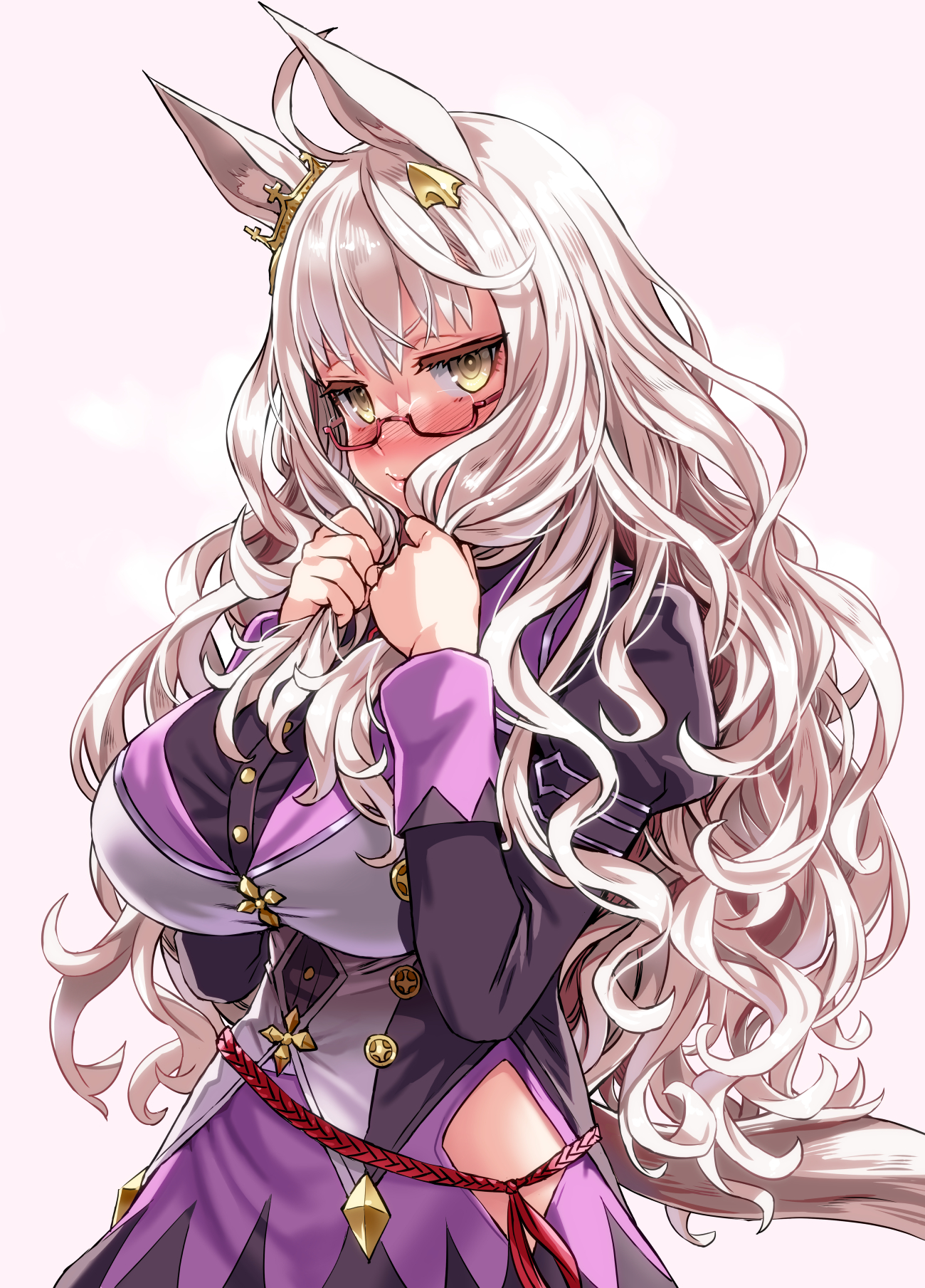 animal ears, asanagi, big breasts, biwa hayahide (umamusume), blush, breasts, covering face, curvy, female, female only, glasses, huge breasts, kemonomimi, long hair, looking at viewer, shy, simple background, solo, umamusume, umamusume pretty derby, uniform, white hair, yellow eyes
