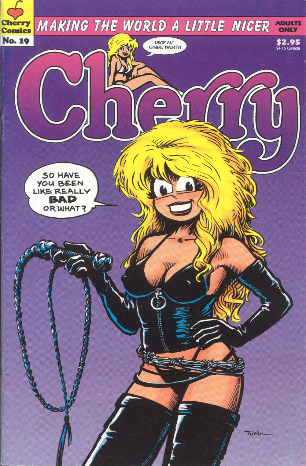 1990s 1996 20th_century black_leather black_outfit black_thong blonde_hair cherry_poptart cherry_poptart_(comic) comic comic_cover dominatrix female gloves larry_welz leather_corset leather_gloves straight_hair talking_to_viewer thigh_boots thigh_highs thighhigh_boots thighhighs whip wire_fence wires