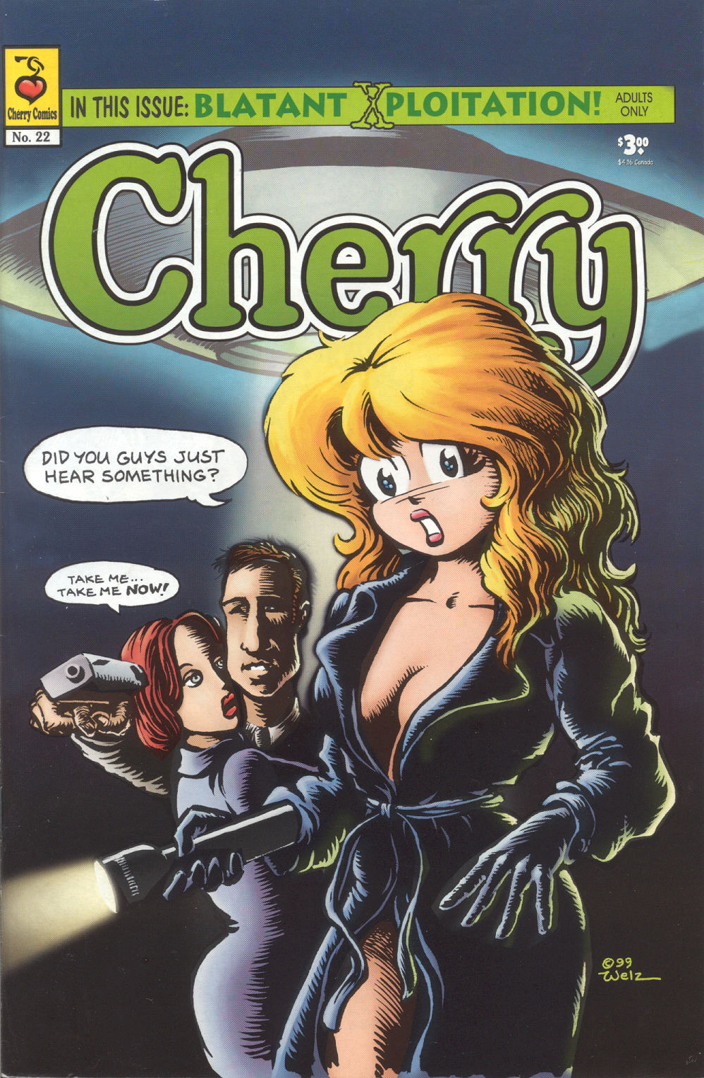 1990s 1999 1boy 20th_century 2girls black_coat black_gloves blonde_hair cherry_poptart cherry_poptart_(comic) coat_only comic comic_cover flashlight gloves gun jacket_only larry_welz naked_coat nude_underneath red_hair speech_bubble straight_hair ufo x-files year