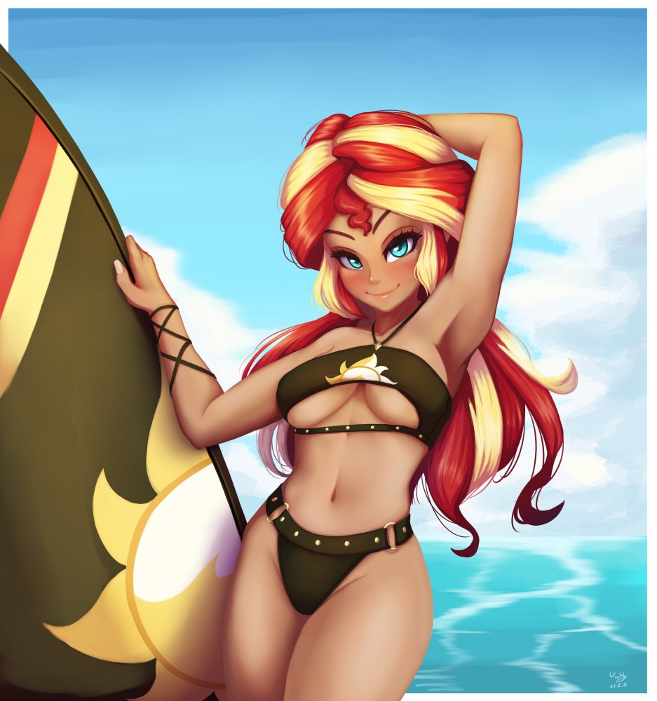 1girls arm_behind_head armpits bikini blush breasts cleavage clouds equestria_girls female friendship_is_magic hasbro light_blue_eyes long_hair looking_at_viewer my_little_pony navel ocean smile solo solo_female sunset_shimmer surfboard swimsuit the-park two_tone_hair watermark