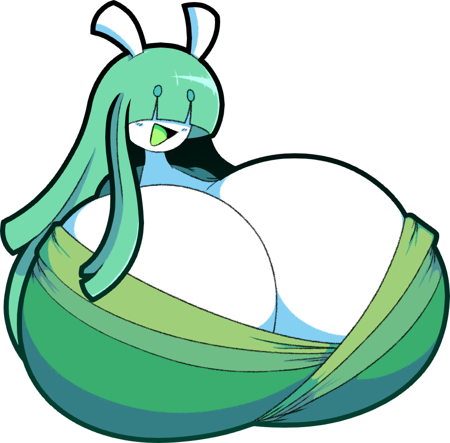 anthro celesteela cleavage dewbber female furry game_freak green_clothing green_hair green_tongue hair_over_eyes huge_breasts long_hair nintendo pokémon_(species) pokemon pokemon_sm shinyillusionz smile solo tongue ultra_beast white_skin