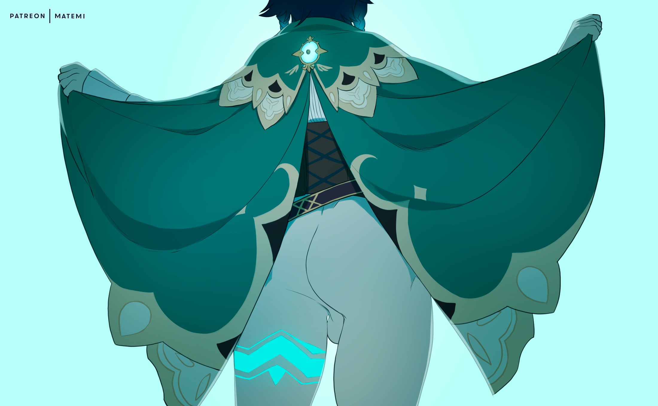 1boy, ass, balls, balls under clothes, behind, blue hair, braid, braided hair, braids, cape, clothed, corset, genshin impact, glowing markings, male, male only, matemi, solo, stockings, tattoo, venti (genshin impact)