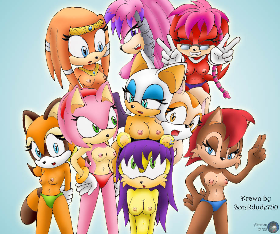 2009 2d ammon amy_rose anthro archie_comics bat blue_background breasts chipmunk cream_the_rabbit echidna female female_only fur furry furry_only gesture hand_on_hip hedgehog interspecies julie-su lara-su mammal marine_the_raccoon mina_mongoose mobian mobian_(species) mobian_echidna mongoose monotreme multiple_girls rabbit raccoon rodent rouge_the_bat sally_acorn sega simple_background sonic_(series) sonic_adventure sonic_the_hedgehog_(series) sonikdude750 tikal_the_echidna topless v viverrid