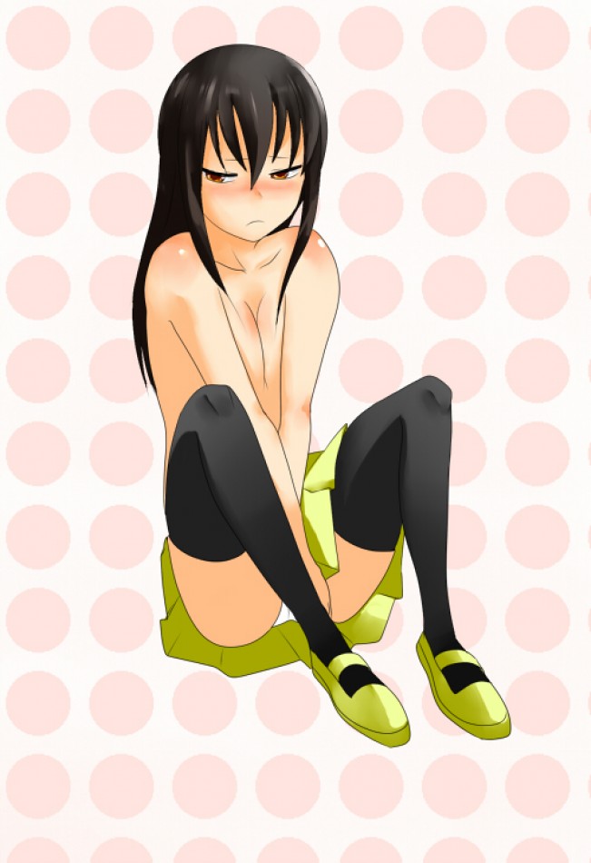 black_hair blush breasts cleavage frown jacqueline_o_lantern_dupre jacquiline_o_lantern_dupre panties pantyshot shoes soul_eater thighhighs topless underwear upskirt