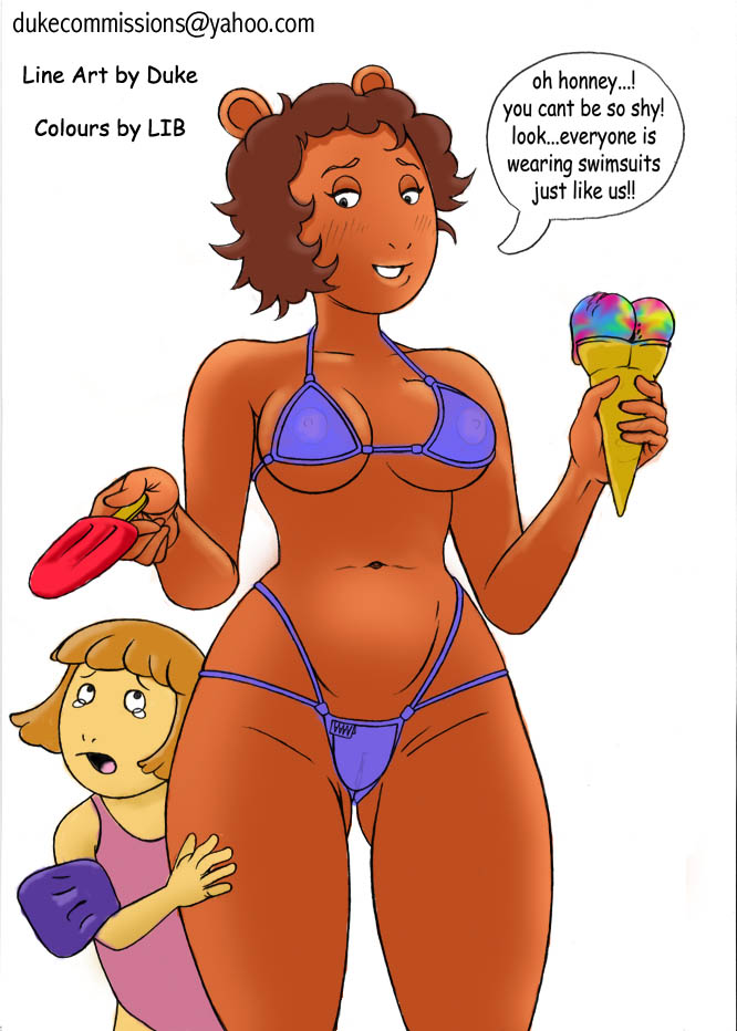 2girls aardvark anthro arthur_(series) big_breasts bikini blush blushing breasts cleavage colored curvy d.w._read dialogue duo english_text exhibitionism female female_only floaties ice_cream jane_read milf mother_and_daughter multiple_girls navel nipples one-piece_swimsuit popsicle pussy see-through speech_bubble starcader swimsuit text transparent_clothing underass