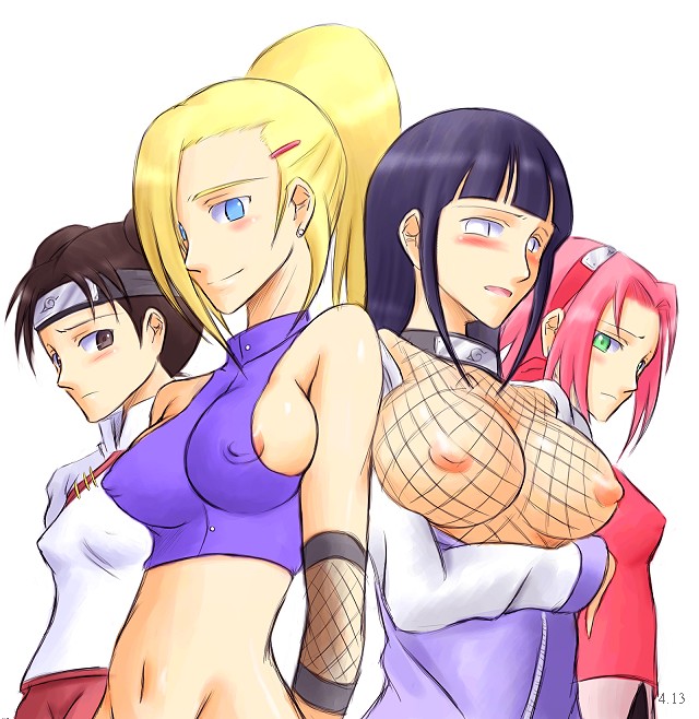 4girls artist_request bb big_breasts blush bonnie_(rsg) breasts female female_only fishnets hair_over_one_eyes human hyuuga_hinata ino_yamanaka multiple_females multiple_girls naruto naruto_shippuden nipples sakura_haruno smile tenten