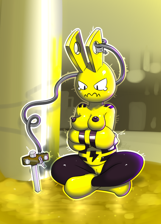 anthro breasts chubby crossed_arms elekid elpatrixf female ground navel nintendo nipples nude plug pokémon pokémon_(species) pokemon pokemorph pussy sitting solo tears yellow_body