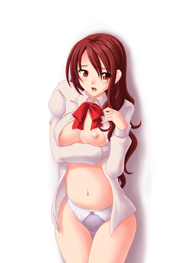 1girls bow breasts brown_hair female long_hair mitsuru_kirijo navel oohiro_saki open_clothes open_shirt panties persona persona_3 shirt solo underwear