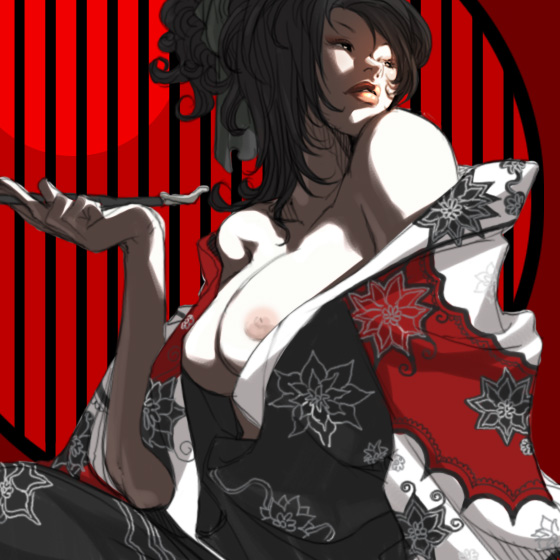 black_hair breasts cleavage falcoon female female_only flower hands human japanese_clothes king_of_fighters kiseru large_breasts lips lipstick long_hair mai_shiranui makeup nipples open_clothes open_shirt original pipe shirt snk solo