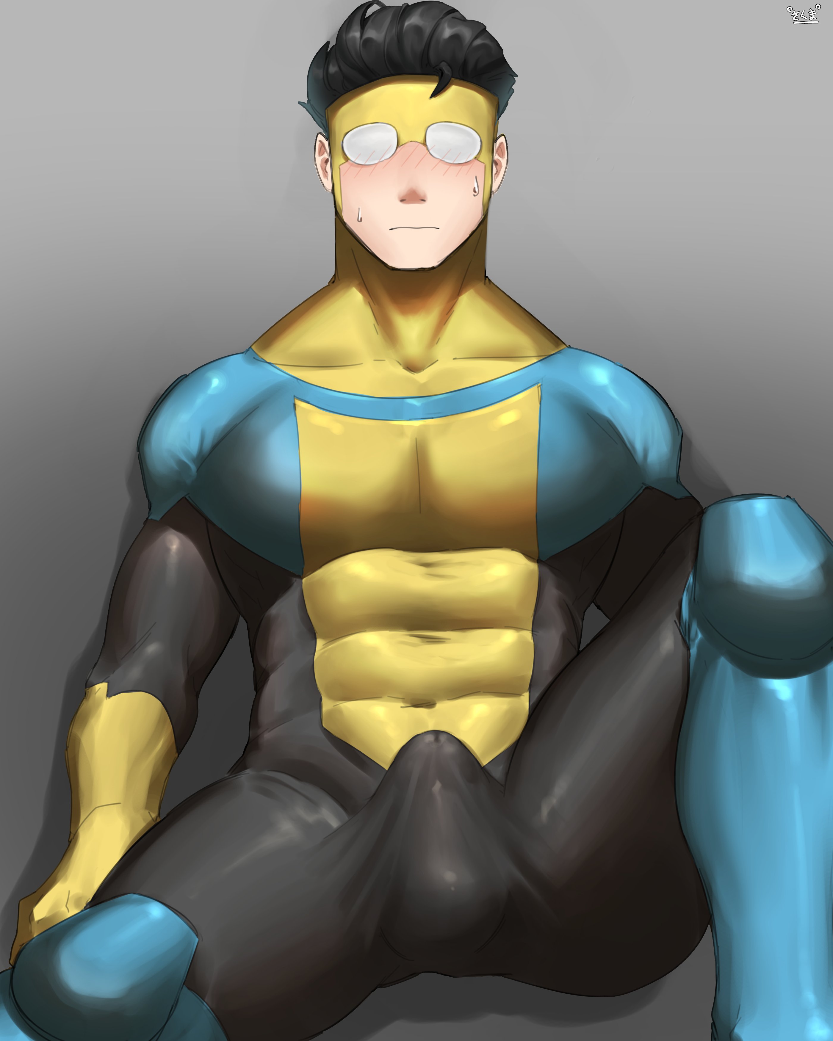 1boy, abs, black hair, blush, bodysuit, bulge, dark hair, erection, erection under clothes, image comics, invincible, male, male only, mark grayson, mask, muscular, sakuma009, skin tight, solo, spandex, superhero
