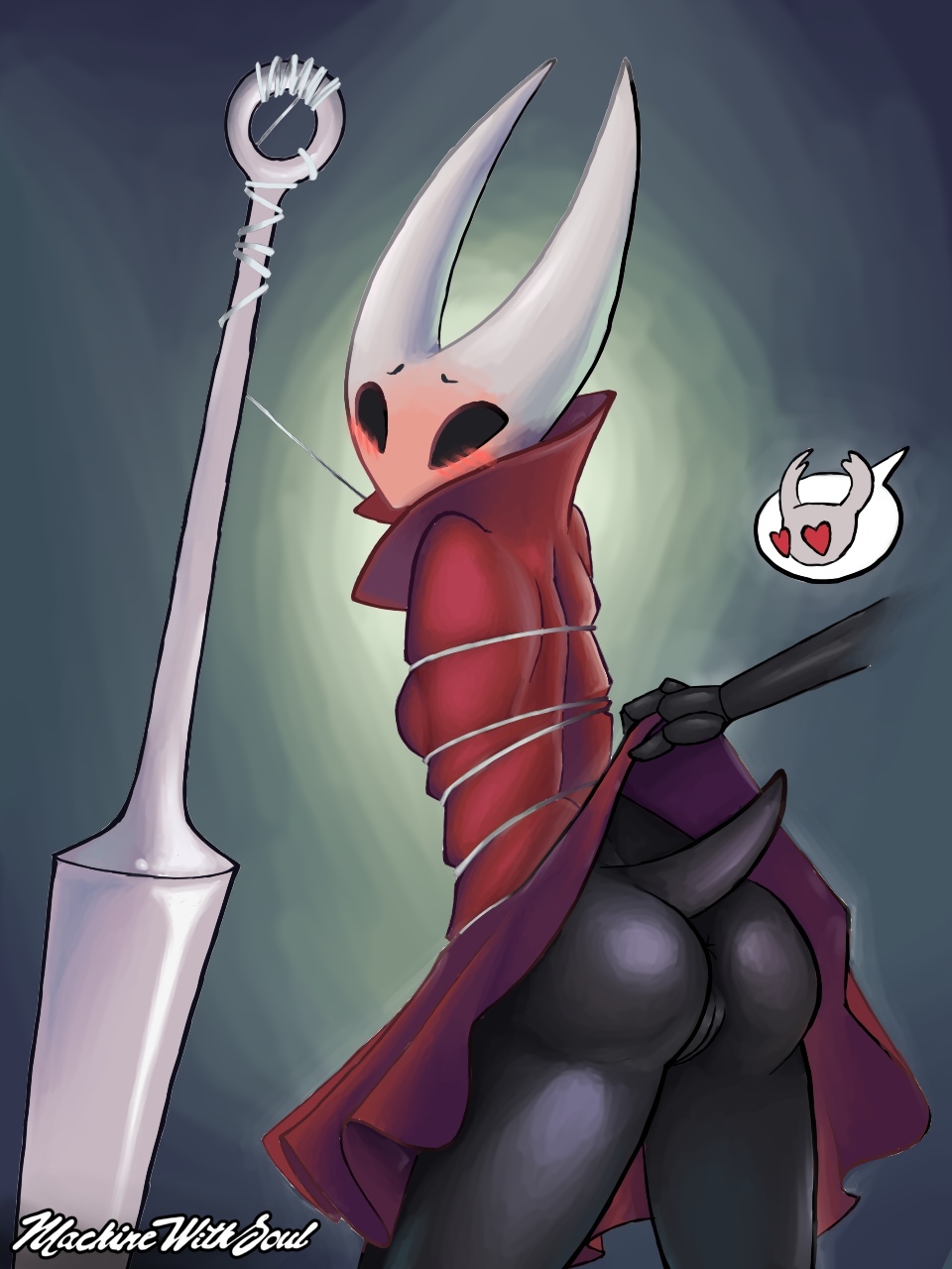 1girls, anus, ass, bondage, cape, cloak, clothed, clothes, clothing, female, heart, hearts, hollow knight, hornet (hollow knight), humanoid, insects, machinewithsoul, naked, no source, nude, nude female, nudity, partially clothed, pussy, red cape, siblings, solid eyes, the knight (hollow knight), tied, tied up