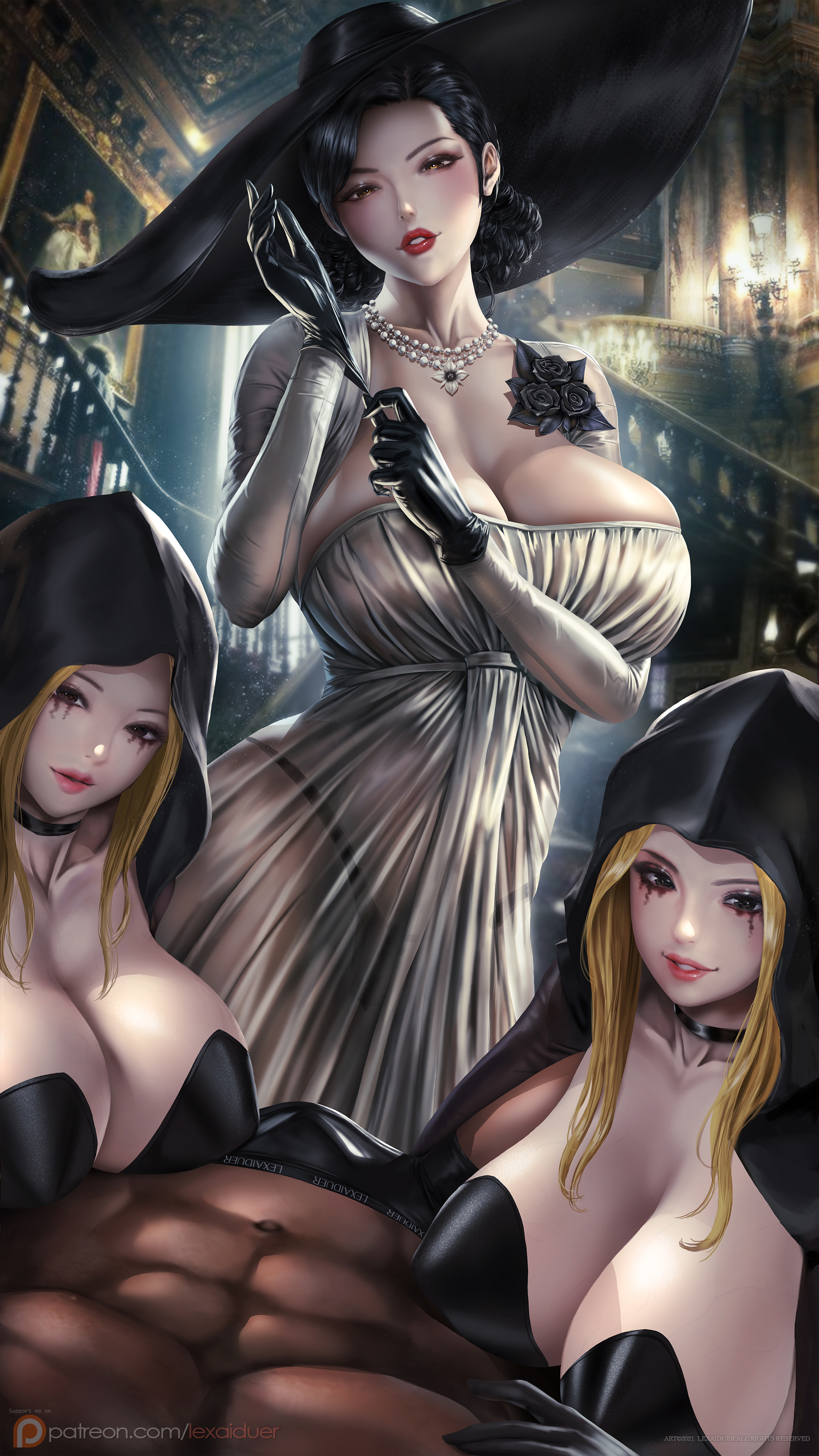 1boy, 3girls, abs, absurd res, alcina dimitrescu, bela (resident evil), black choker, black g-string, black gloves, black panties, black thong, blonde hair, breasts, choker, cleavage, daniela (resident evil), dark skin, dark-skinned male, dress, dutch angle, female, fffm foursome, foursome, g-string, gloves, hat, head tilt, hi res, high waisted thong, hood, hood up, huge breasts, imminent foursome, imminent sex, indoors, interracial, jewelry, large breasts, lexaiduer, light skin, light-skinned female, looking at viewer, makeup, male, multiple females, multiple girls, necklace, painting, pale skin, panties, parted lips, red lips, resident evil, resident evil 8: village, see-through, smile, stairs, straight, sun hat, thong, thong panties, thong underwear