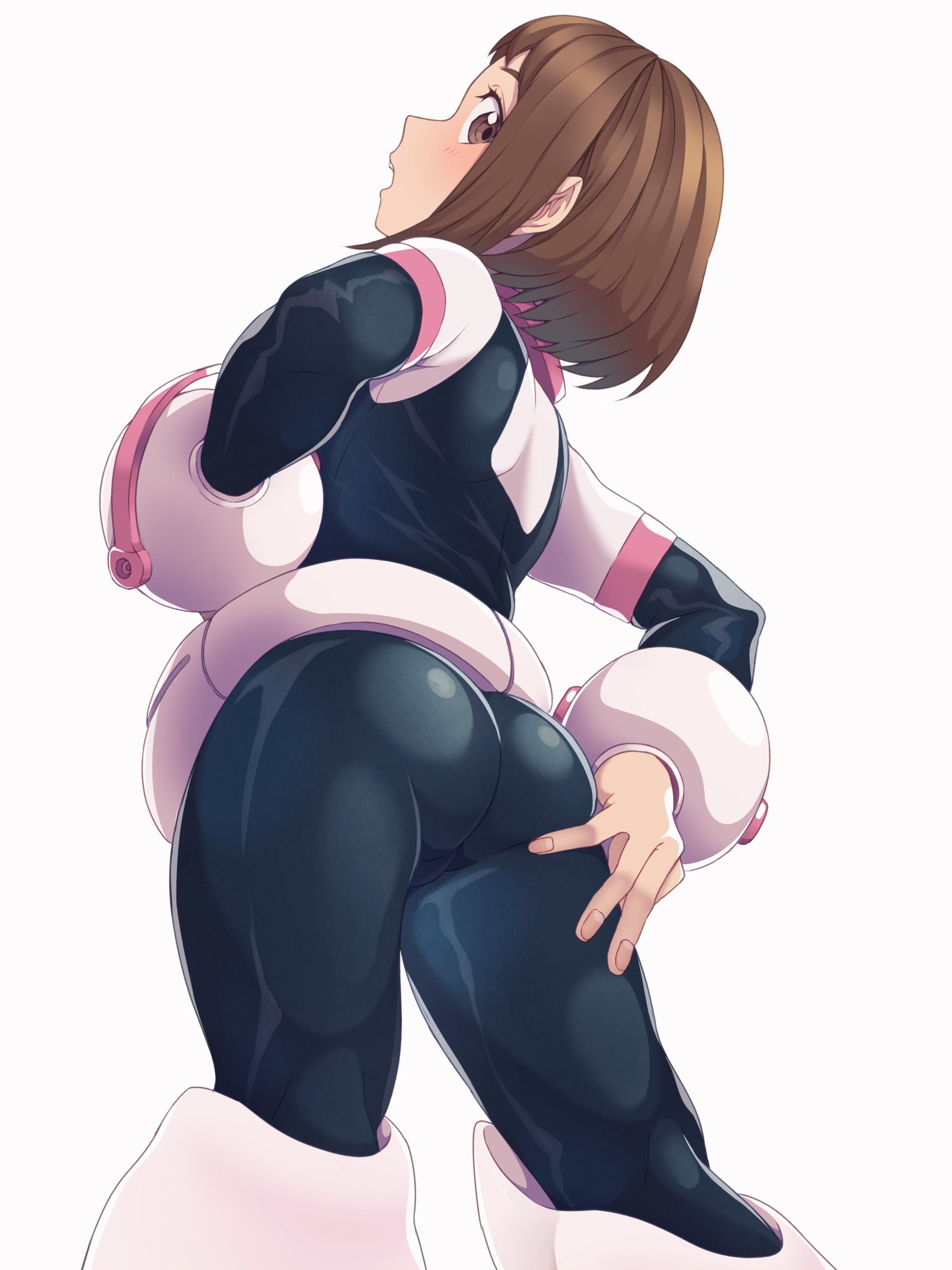 1girls, 2d, artist request, ass, big breasts, blush, bodysuit, boots, breasts, brown hair, brown-haired female, bubble ass, bubble butt, cute, female, female human, female only, happy, hero outfit (mha), human, light skin, light-skinned female, my hero academia, ochako uraraka, ochako uraraka (hero outfit), open mouth, short hair, solo, solo female, solo focus, superhero costume, superheroine, teenage female, teenager, tight, tight clothing, tight fit, voluptuous