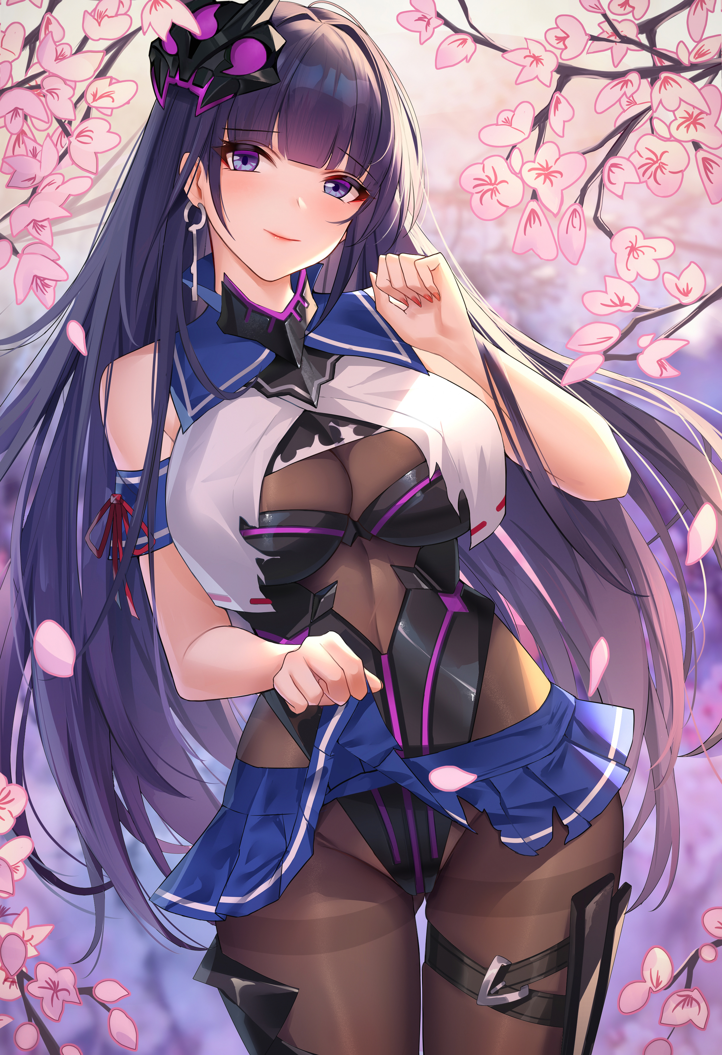 big breasts, breasts, female, honkai impact 3rd, leotard, purple eyes, purple hair, raiden mei, skirt, smile