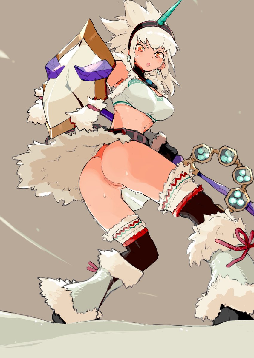 armor boots crop_top kirin_(armor) monster_hunter ningenjiru_(artist) no_panties orange_eyes pussy standing sweat tagme thighhighs white_hair