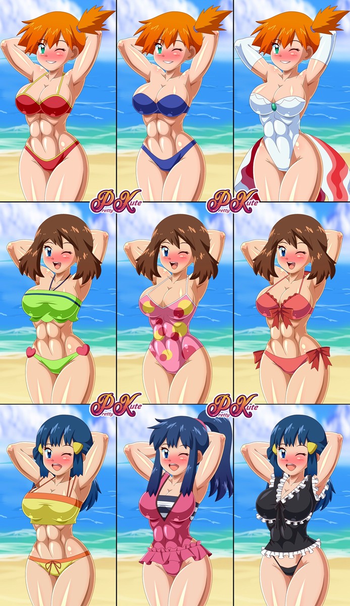 3girls abs alternate_breast_size big_breasts bikini blue_bikini blue_eyes blue_hair blush breasts brown_hair dawn_(pokemon) female female_only green_bikini green_hair huge_breasts kasumi_(pokemon) large_breasts legs may_(pokemon) misty_(pokemon) misty_(pokemon_rgby) multiple_girls no_bandana one-piece_swimsuit orange_hair pink_swimsuit pk-studios pokemon pokemon_dppt pokemon_rgby pokemon_rse pose red_bikini red_hair red_swimsuit short_orange_hair swimsuit