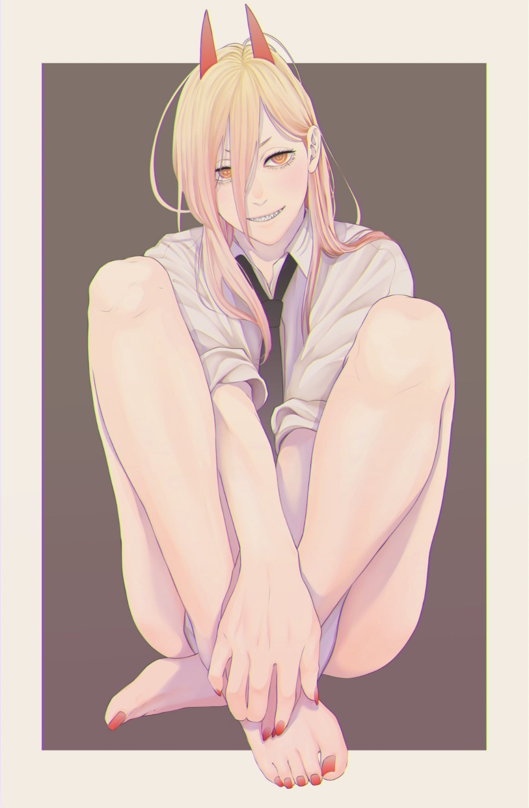 blonde hair, chainsaw man, feet, female, female only, horns, mappa, nail polish, power (chainsaw man), shounen jump, toenail polish