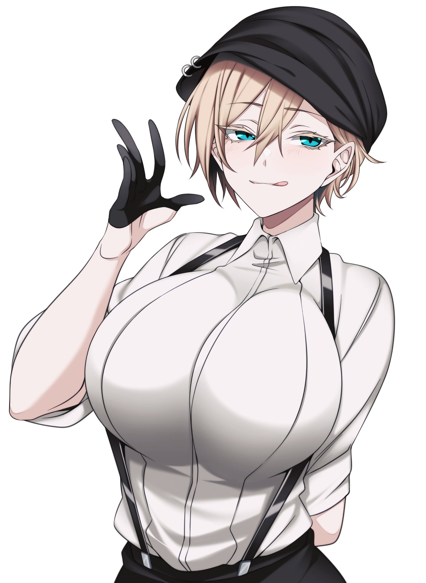 1girls, big breasts, blonde, blonde hair, blue eyes, breasts, busty, camui kamui (hz 666v), cute, female, female only, gloves, half gloves, huge breasts, large breasts, licking, licking lips, light skin, light-skinned female, original, seductive, seductive smile, solo, suspenders, tongue, tongue out, top heavy