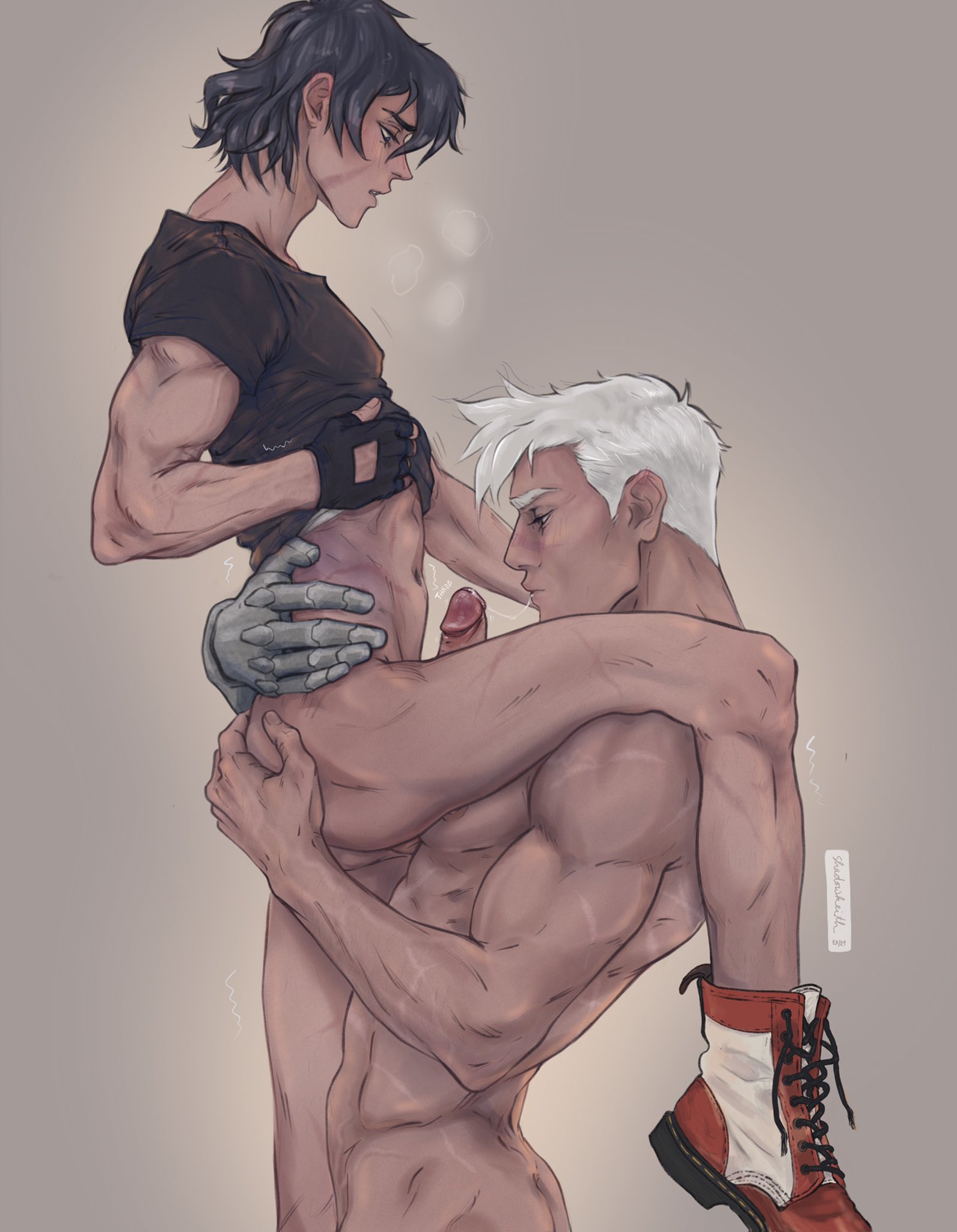 2boys, ass, black hair, blowjob, carrying, carrying partner, gay, gloves, hand on ass, keith kogane, leg up, male, male only, male/male, metal arm, metal hand, one leg up, oral, oral sex, partially clothed, penis, saliva, saliva string, saliva trail, shoes, shoes on, takashi shirogane, the shadow king, visible breath, voltron, voltron: legendary defender, white hair, yaoi