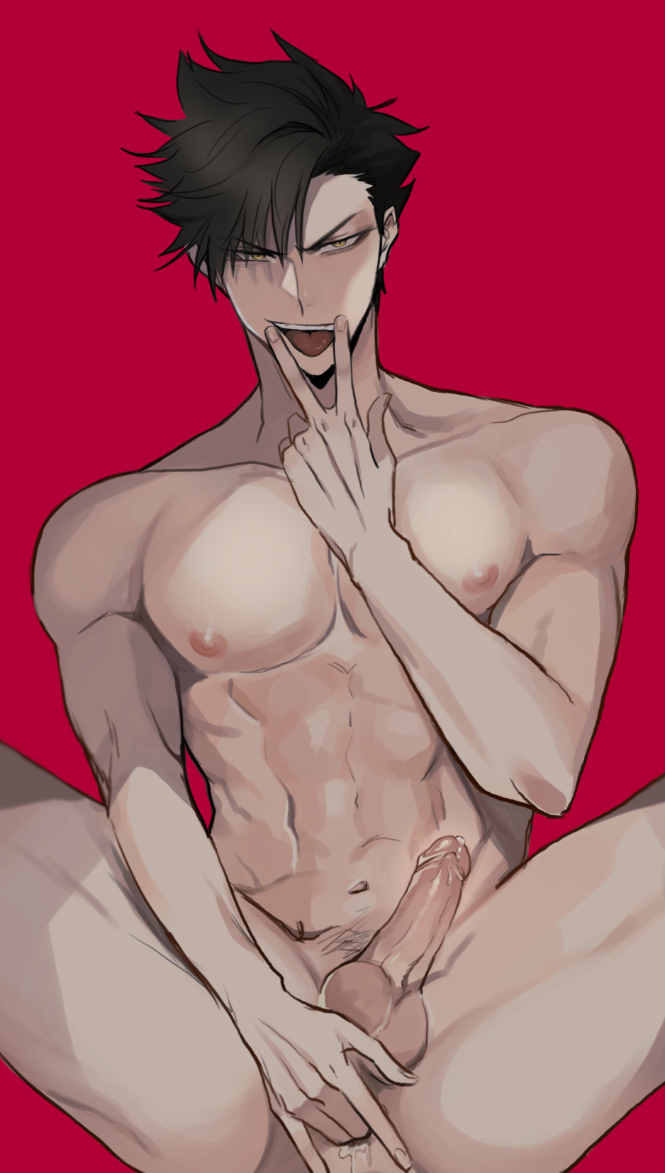 1boy abs anal_fingering balls black_hair cum erect_penis gay haikyuu!! kuroo_tetsurou looking_at_viewer male male_only naked nipples nude_male pecs penis red_background short_hair soojaeng tongue_out v