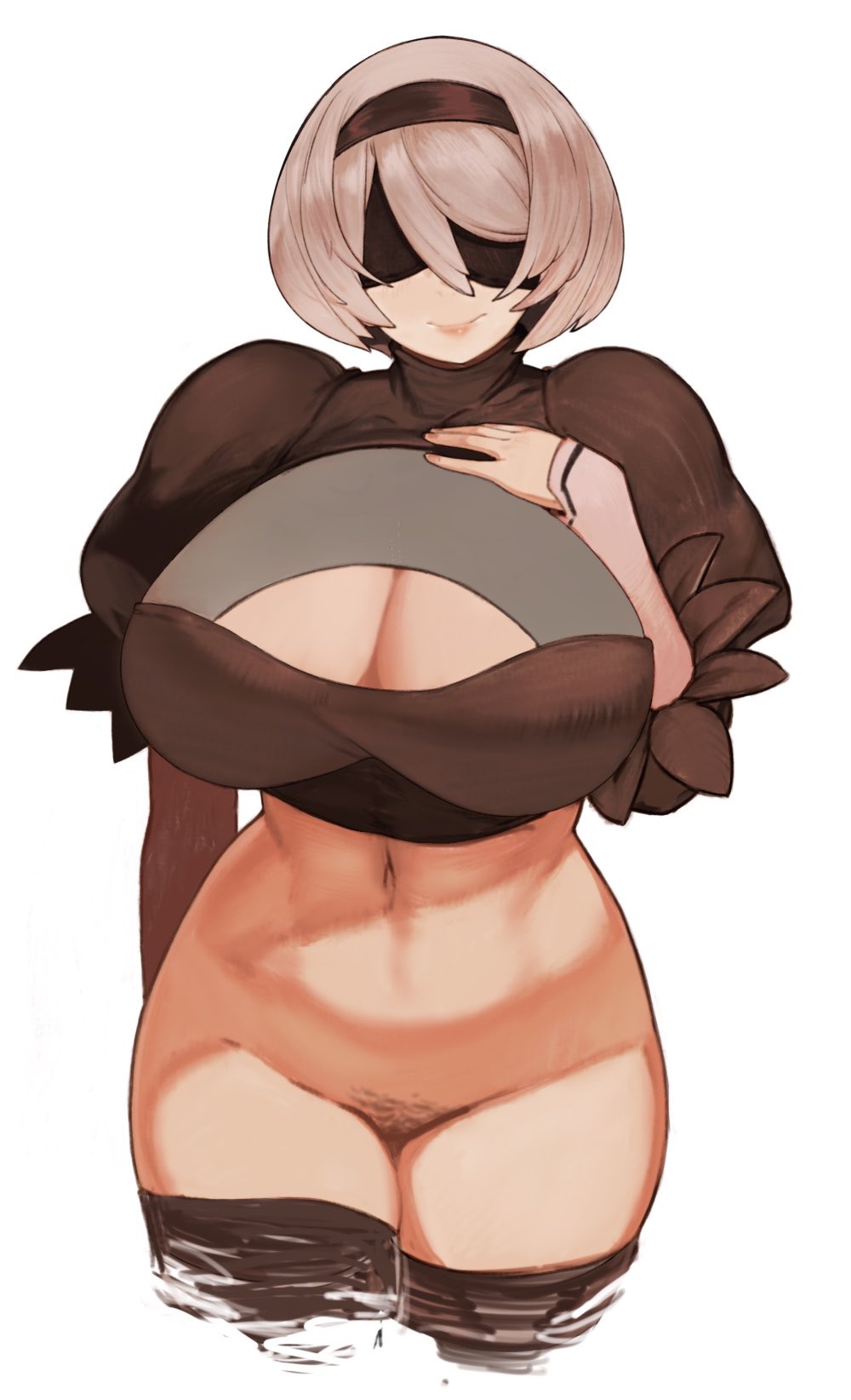 1girls, alternate breast size, android, android girl, blindfold, bottomless, breasts, busty, cleavage, cowboy shot, curvy, dress, female, huge breasts, nier: automata, pubes, robot, short hair, smile, standing, voluptuous, wide hips, wifemilkers, yorha 2b