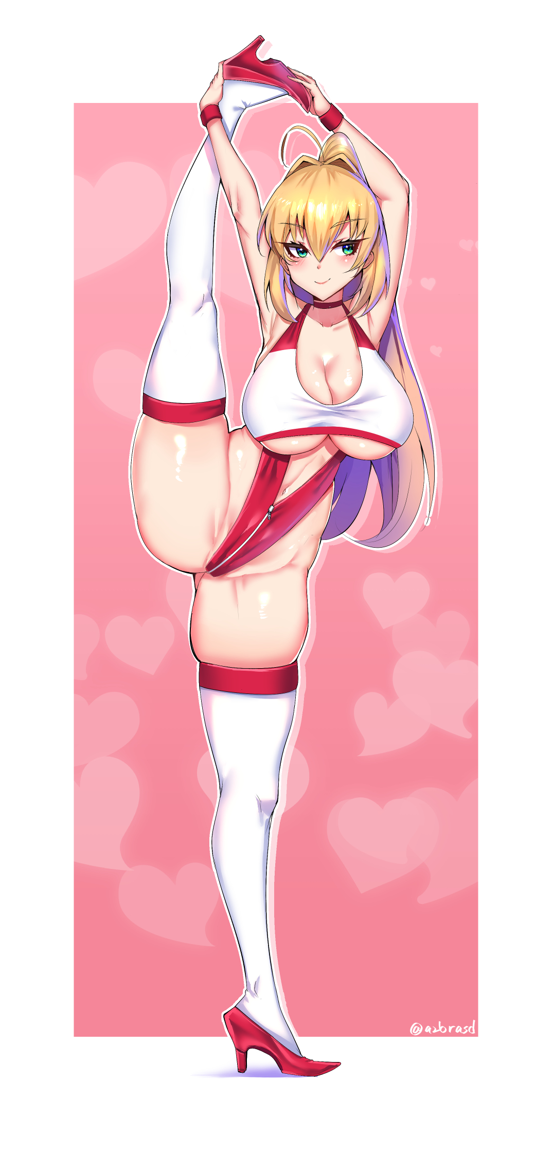 2020, ass visible through thighs, belly, big breasts, blonde hair, blush, breasts, choker, covered nipples, eyebrows visible through hair, fate (series), fate/extra, female, female focus, female only, funaya (a2brasd), green eyes, high heels, legwear, long hair, looking away, navel, nero claudius (fate), pink background, red high heels, simple background, smile, solo, solo female, solo focus, splits, standing, standing on one leg, stomach, thighs, underboob, vertical splits, white legwear, zipper
