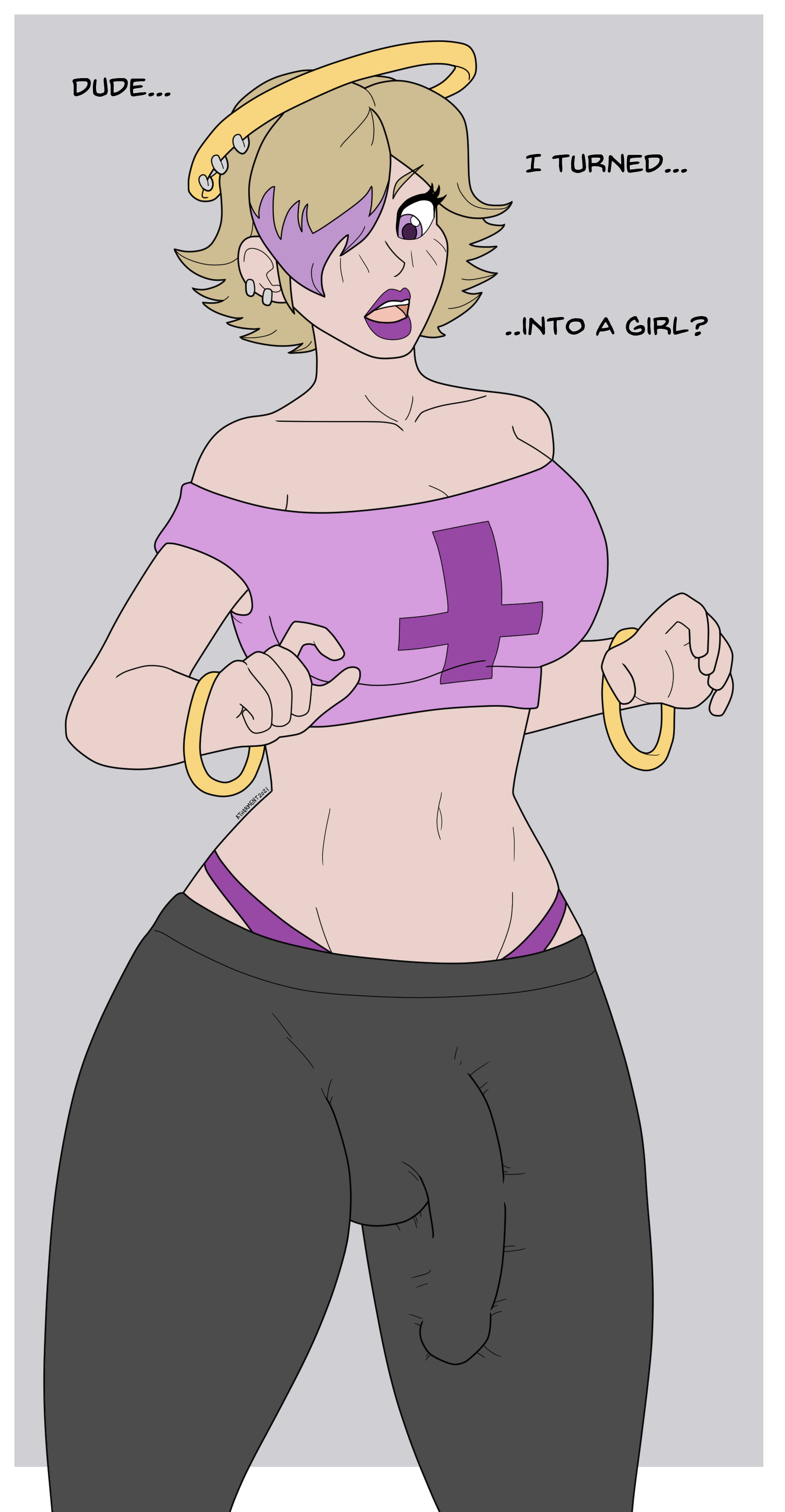 1futa, after transformation, aftermath, athorment, balls, blonde hair, breasts, bulge, cameltail, caption, clothed, clothing, darwin (luckbespades), dialogue, futa only, futa transformation, futanari, intersex, male, male to futa, mostly clothed, penis, post-transformation, solo, standing, text, thong, transformation