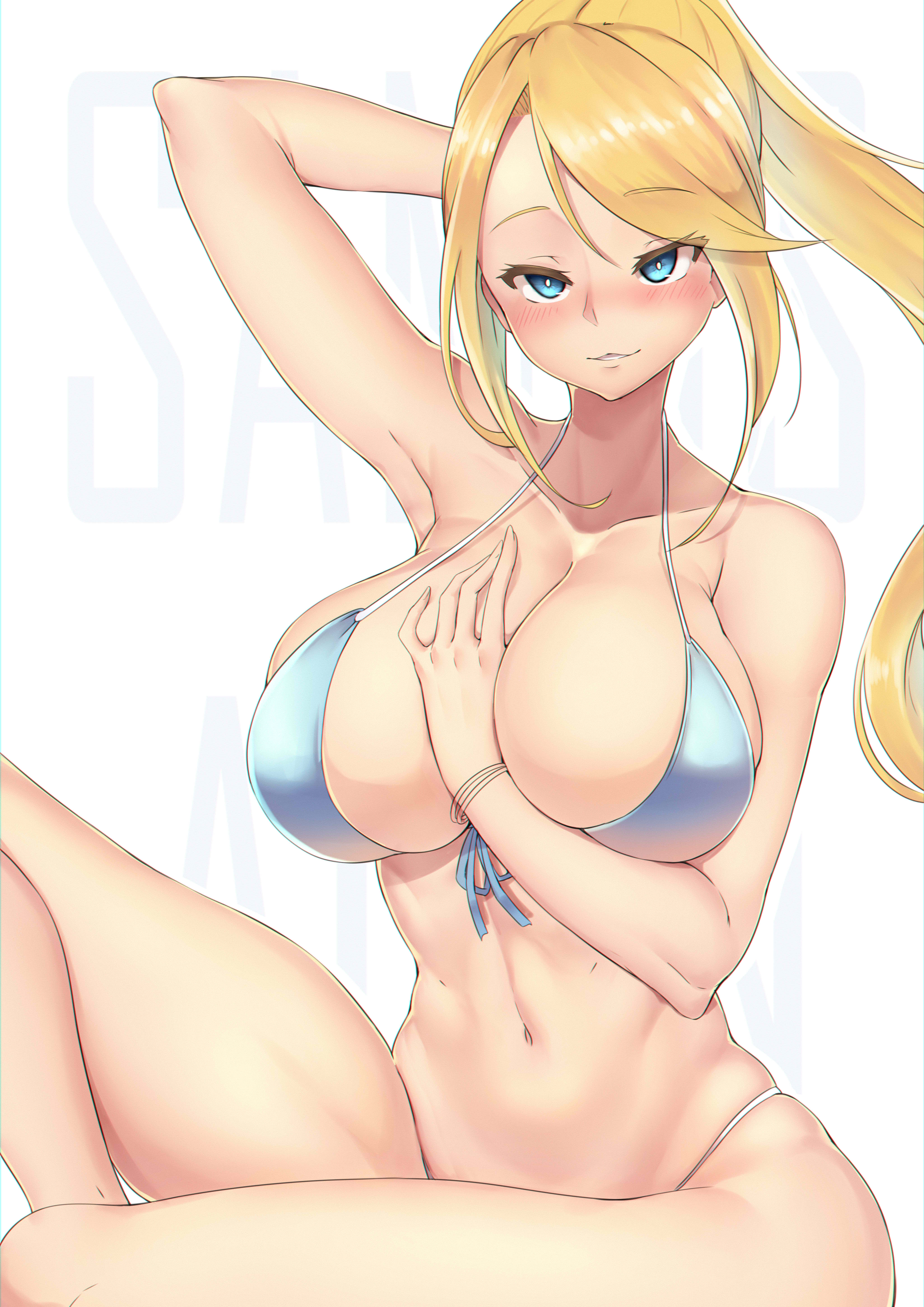 :3, 2021, arm between breasts, arm up, armpit, bare shoulders, belly, bikini, bikini top, blonde hair, blue bikini, blue bikini top, blue eyes, blush, breasts, cleavage, collarbone, eyebrows, eyebrows visible through hair, female, female focus, female only, hand between breasts, highleg, metroid, navel, plump, ponytail, samus aran, simple background, solo, solo female, solo focus, stomach, thick thighs, thighs, togin