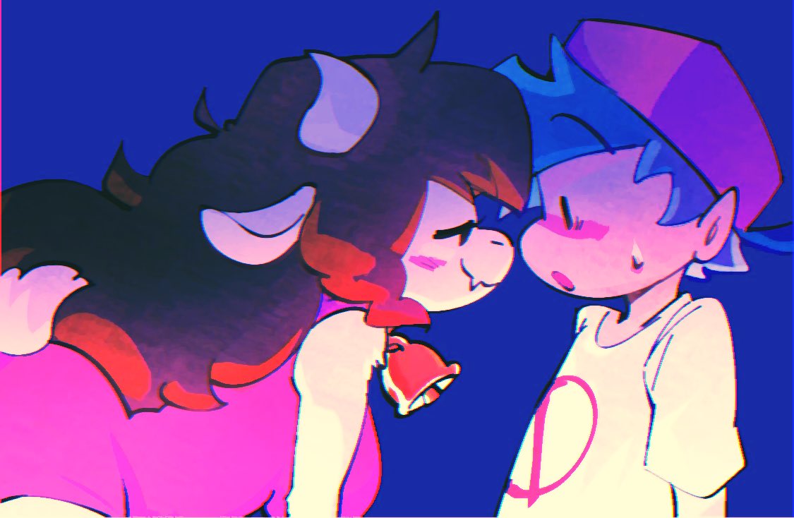 big breasts, blue hair, boyfriend (friday night funkin), breasts, brunette, cow, cow girl, cow horns, cowbell, cute, female, female focus, friday night funkin, furry, girlfriend (friday night funkin), happy, horns, long hair, nervous, nonude, seductive, seductive eyes, seductive look, seductive smile, smile, sweat, sweatdrop, voluptuous, wholesome