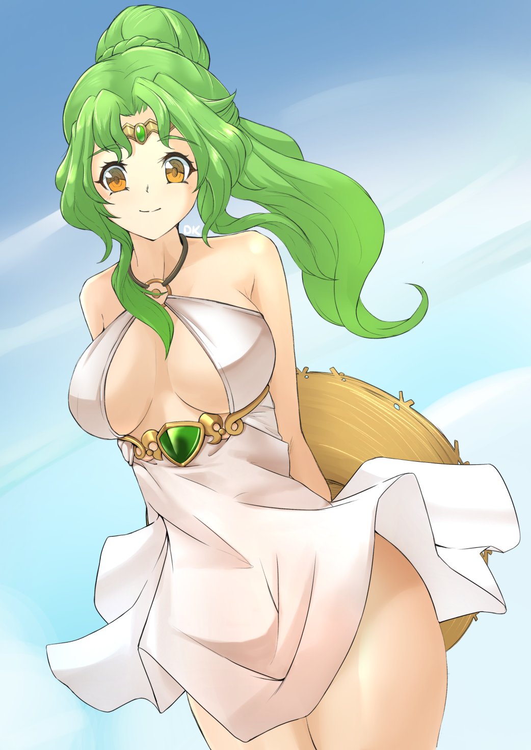 1girls alternate_costume beach big_breasts breasts clothing deekei elincia_ridell_crimea fire_emblem fire_emblem:_path_of_radiance fire_emblem:_radiant_dawn green_hair happy hat one-piece_swimsuit sideboob smile solo_focus summer swimsuit thick_thighs thighs torso white_swimsuit yellow_eyes