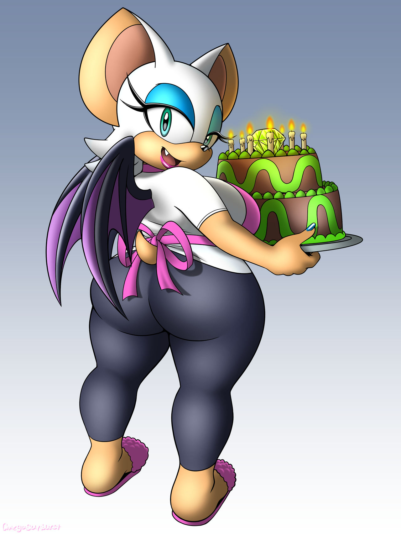 1girls, anthro, ass, cake, female, female only, huge ass, master emerald, omegasunburst, rouge the bat, sega, shortstack, slippers, solo, solo female, sonic (series), thick thighs