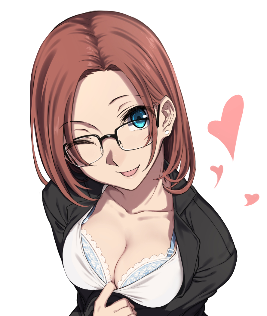 1girls ;d black-framed_eyewear black_jacket blue_bra blue_eyes bra breasts brown_hair brown_hair_girl_(nagioka) cleavage clothes_pull collarbone female formal glasses heart jacket large_breasts looking_at_viewer nagioka_(sblack) office_lady one_eye_closed open_clothes open_mouth open_shirt original pulled_by_self red_hair shirt shirt_pull short_hair simple_background smile solo underwear upper_body white_background white_shirt wink