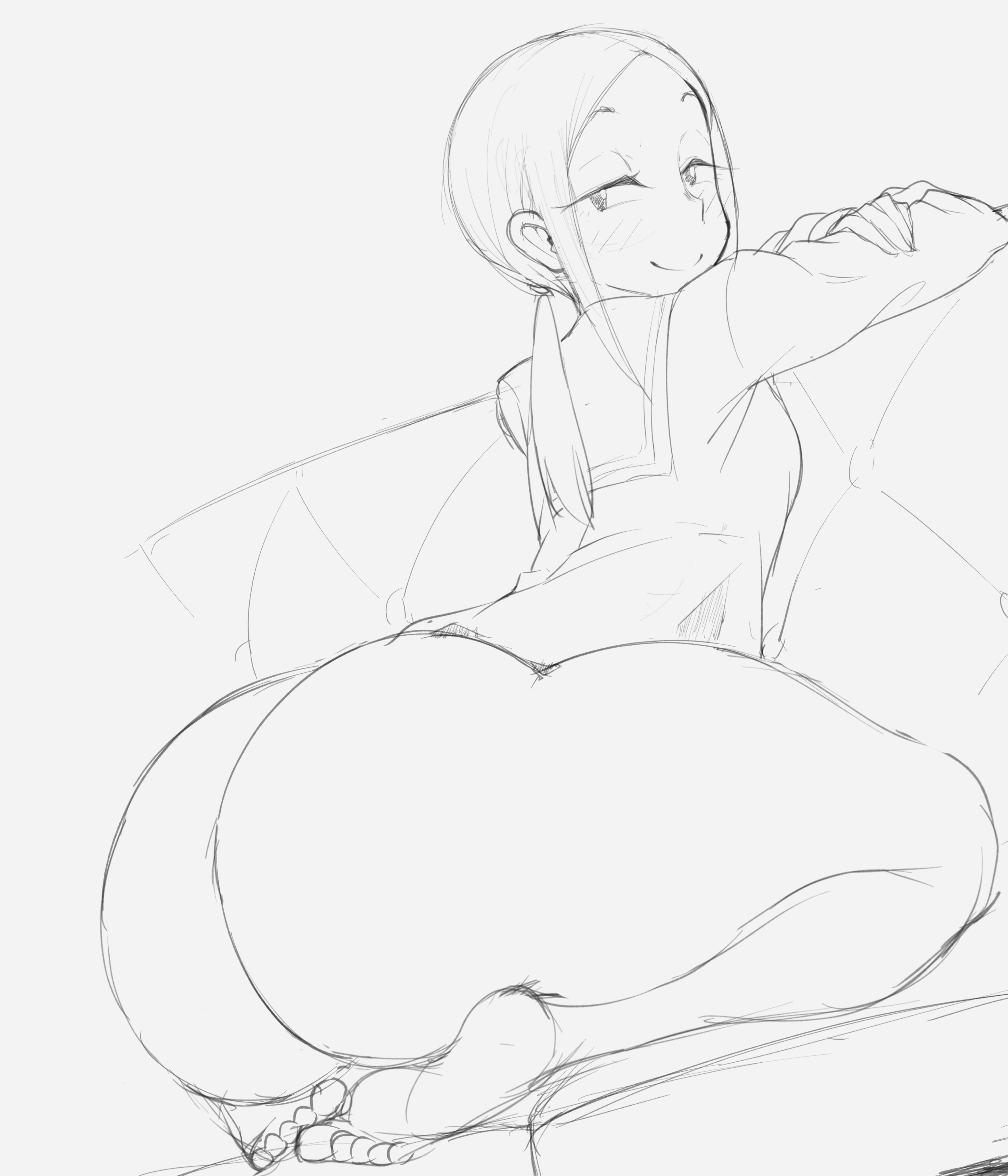 1girls, ass, barefoot, big ass, big butt, blush, bottomless, female, female focus, female only, houkago teibou nisshi, kuroiwa yuuki, looking at viewer, seductive, seductive look, seductive smile, sketch, thanuki, thanukiart, thick ass