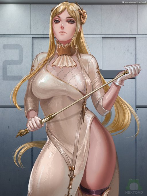 big_breasts blonde_hair dress looking_at_viewer nextoad nier:_automata riding_crop thick_thighs whip yorha_commander