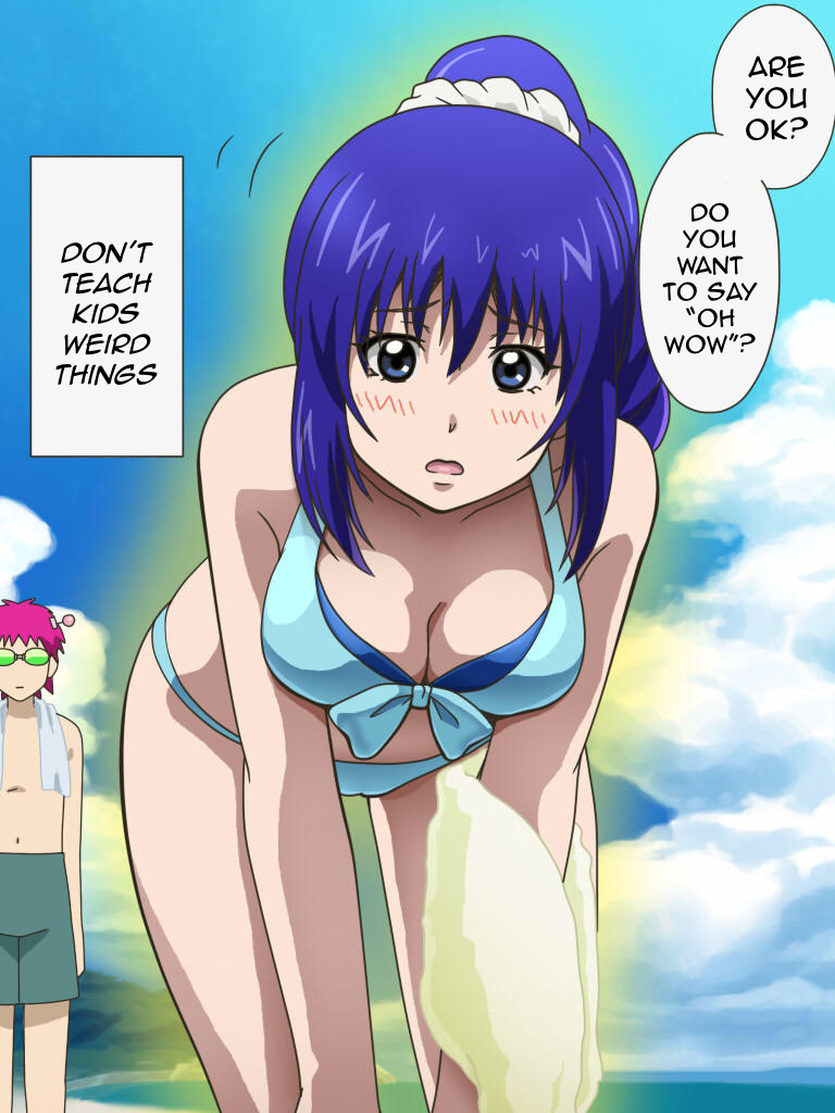 1boy aura awa bent_over bikini blue_eyes blue_hair blush breasts cleavage day fanart female female hair_between_eyes hands_on_own_knees looking_at_viewer male male_swimwear medium_breasts megane navel pink_hair ponytail saiki_kusuo saiki_kusuo_no_psi_nan scrunchie speech_bubble swimming_trunks swimsuit teruhashi_kokomi tied_hair towel towel_around_neck upscaled