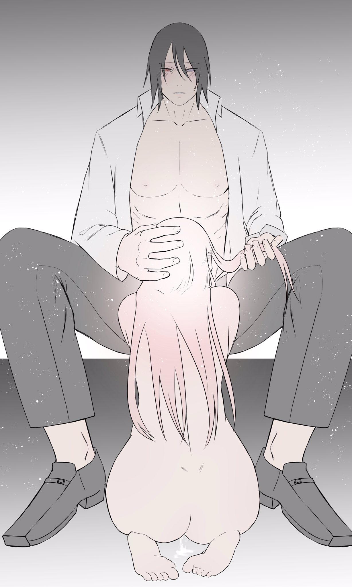 1boy, 1girls, back view, bare back, barefoot, black hair, bodily fluids, boruto: naruto next generations, canon couple, clothed, clothed male nude female, clothing, cum, cum leaking, deepthroat, female, genital fluids, hand on head, haruno sakura, implied blowjob, implied deepthroat, implied fellatio, implied oral, long hair, male, male/female, naruto, naruto (series), nude, nude female, on knees, open shirt, oral, orphie, pink hair, sakura haruno, sasuke uchiha, straight, uchiha sakura, uchiha sasuke, very long hair