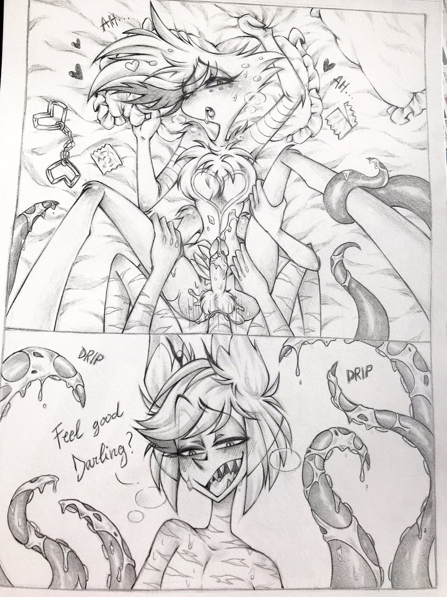 2boys, 4 arms, alastor (hazbin hotel), anal, anal sex, angel dust (hazbin hotel), ass, balls, black and white, blush, chest tuft, condom, cum, cum in ass, cum inside, cumming, deer, demon, ejaculation, erect penis, erection, gioyside, grabbing sheets, hands on thighs, hazbin hotel, legs up, looking at partner, looking down, looking pleasured, male, male only, missionary position, multi arm, multi limb, naked, nude, on back, on bed, penis, scars, sharp teeth, smile, smiling, spider, spread legs, tentacle, tentacle sex, text, thighs, vivienne medrano, wet, yaoi