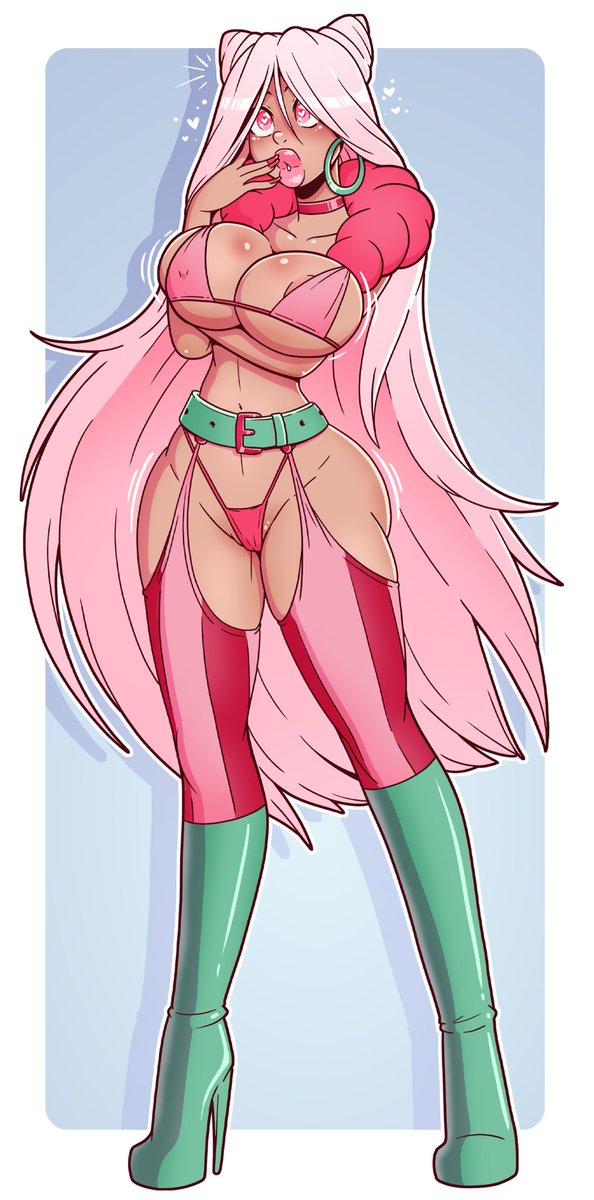 1girls, bimbo, bimbo body, bimbo lip, bimbo lips, bimbofication, choker, dark skin, dark-skinned female, earrings, female, female focus, female only, heart-shaped pupils, high heel boots, high heels, long hair, oc, pink eyes, pink hair, pinup, simple background, tagme, thick thighs, wobble, wrenzephyr2