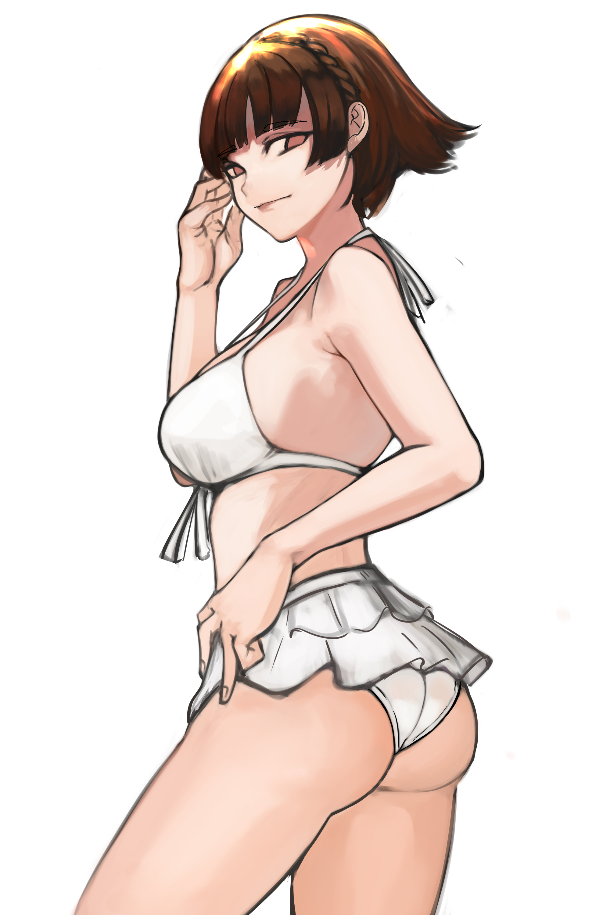 ass, brown hair, female, female only, makoto niijima, makoto niijima (swimsuit), nero watch, persona, persona 5, short hair, swimsuit