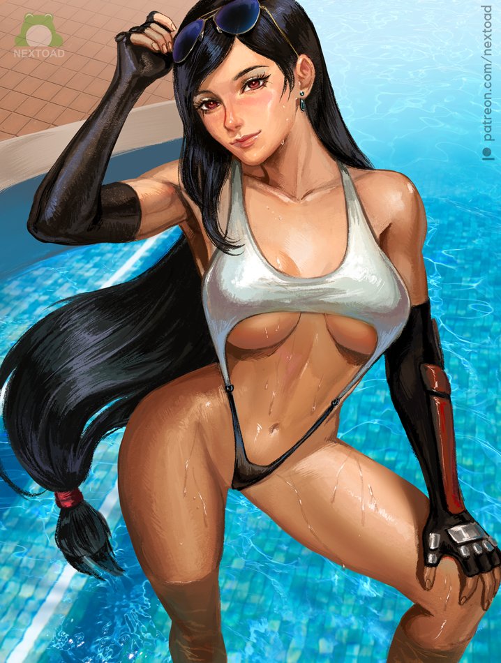 big_breasts black_hair final_fantasy final_fantasy_vii glasses gloves long_hair nextoad red_eyes swimsuit tifa_lockhart water wet