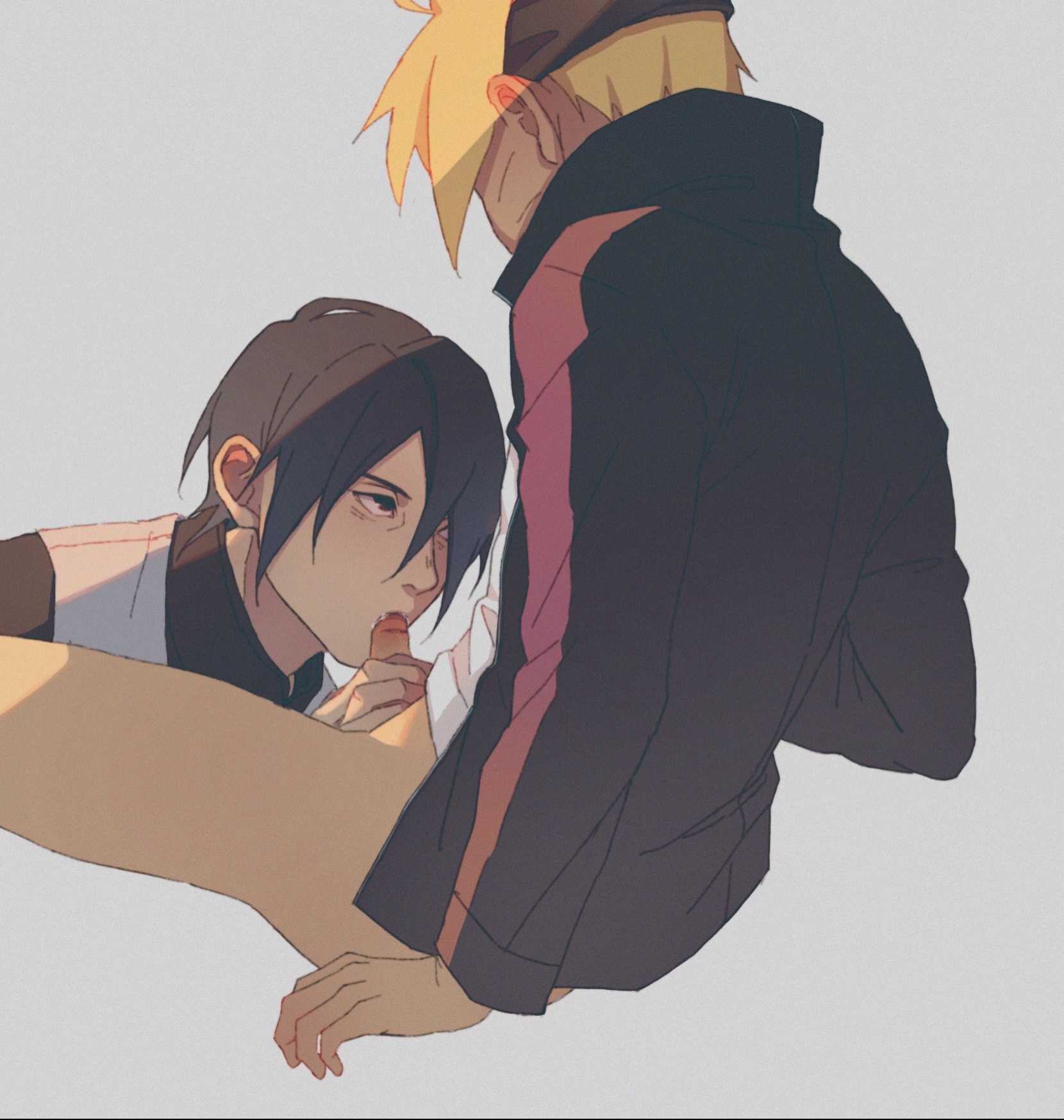 2boys, age difference, blowjob, boruto: naruto next generations, clothed sex, clothing, cum, cum in mouth, dilf, erection, fellatio, gay, hair over one eye, heterochromia, jacket, male, male/male, naruto, naruto (series), older male, oral, penis, penis grab, rinnegan, sasuke uchiha, shirt, sitting, spread legs, teacher and student, uzumaki boruto, vest, yaoi, yellow hair, younger male