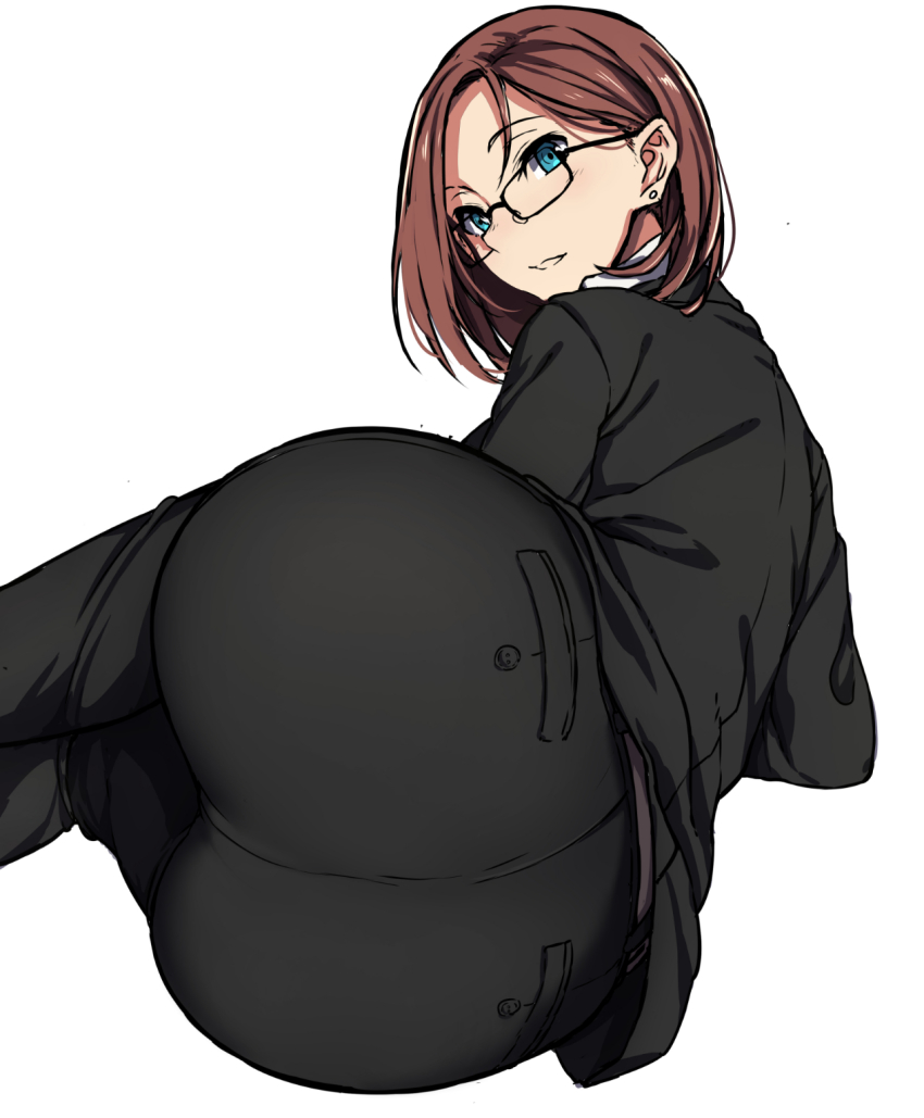 1girls ass black_pants blue_eyes brown_hair brown_hair_girl_(nagioka) business_suit buttons clothed commentary_request earrings female female_focus formal formal_attire formal_clothes formal_wear from_behind girl_in_suit glasses highres hip_focus huge_ass image jewelry looking_at_viewer looking_back lying nagioka_(sblack) office_lady on_side open_mouth original pants red_hair simple_background solo suit white_background wide_hips woman_in_suit