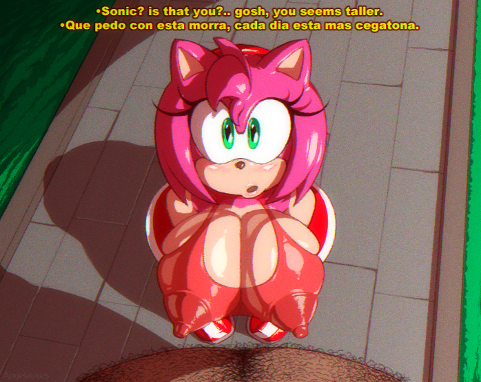 amy rose, angelauxes, big breasts, breasts, fat male, female, male, pink hair, pink skin, sonic (series), translation request