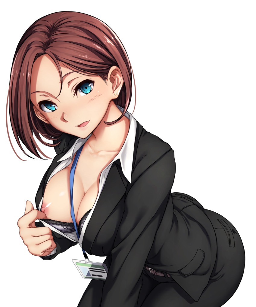 1girls ass blue_eyes bra breasts brown_hair brown_hair_girl_(nagioka) cleavage clothed earrings female formal formal_attire formal_clothes formal_wear girl_in_suit highres image jewelry lanyard large_breasts leaning_forward nagioka_(sblack) nipple_slip nipples office_lady open_mouth original red_hair short_hair simple_background solo suit underwear white_background woman_in_suit