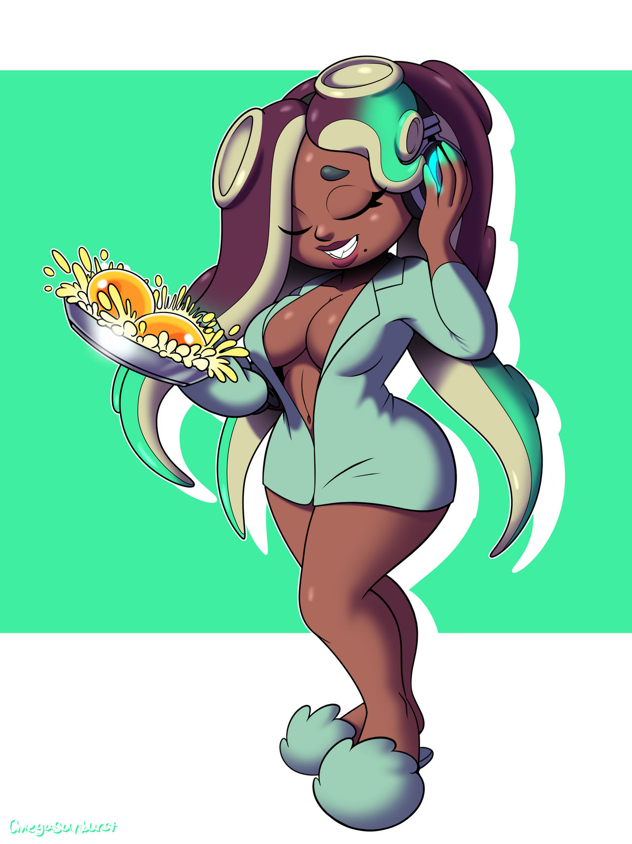 1girls, big breasts, bottomless, breasts, cleavage, cooking, dark skin, dark-skinned female, eyes closed, female, female only, headphones, humanoid, marina (splatoon), nintendo, octoling, omegasunburst, open shirt, slippers, solo, splatoon, splatoon 2