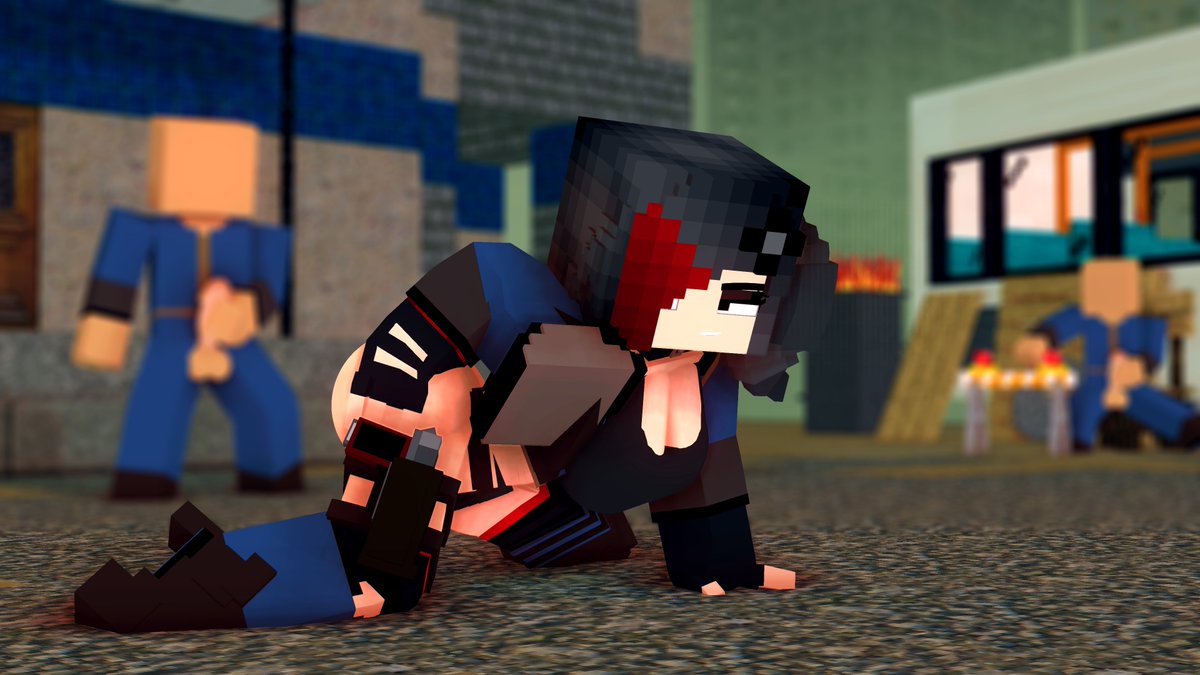 1girls, 2boys, 3d, black and red hair, clothed male clothed female, ellie walls (odysseyellie), fallout, female, goth, goth girl, horny, horny female, human, humanoid, looking at viewer, looking back, male, male/female, mine-imator, minecraft, multicolored hair, no panties, odysseyellie, pistol, spiked hairband, stockings, tagme, vault girl, vault suit
