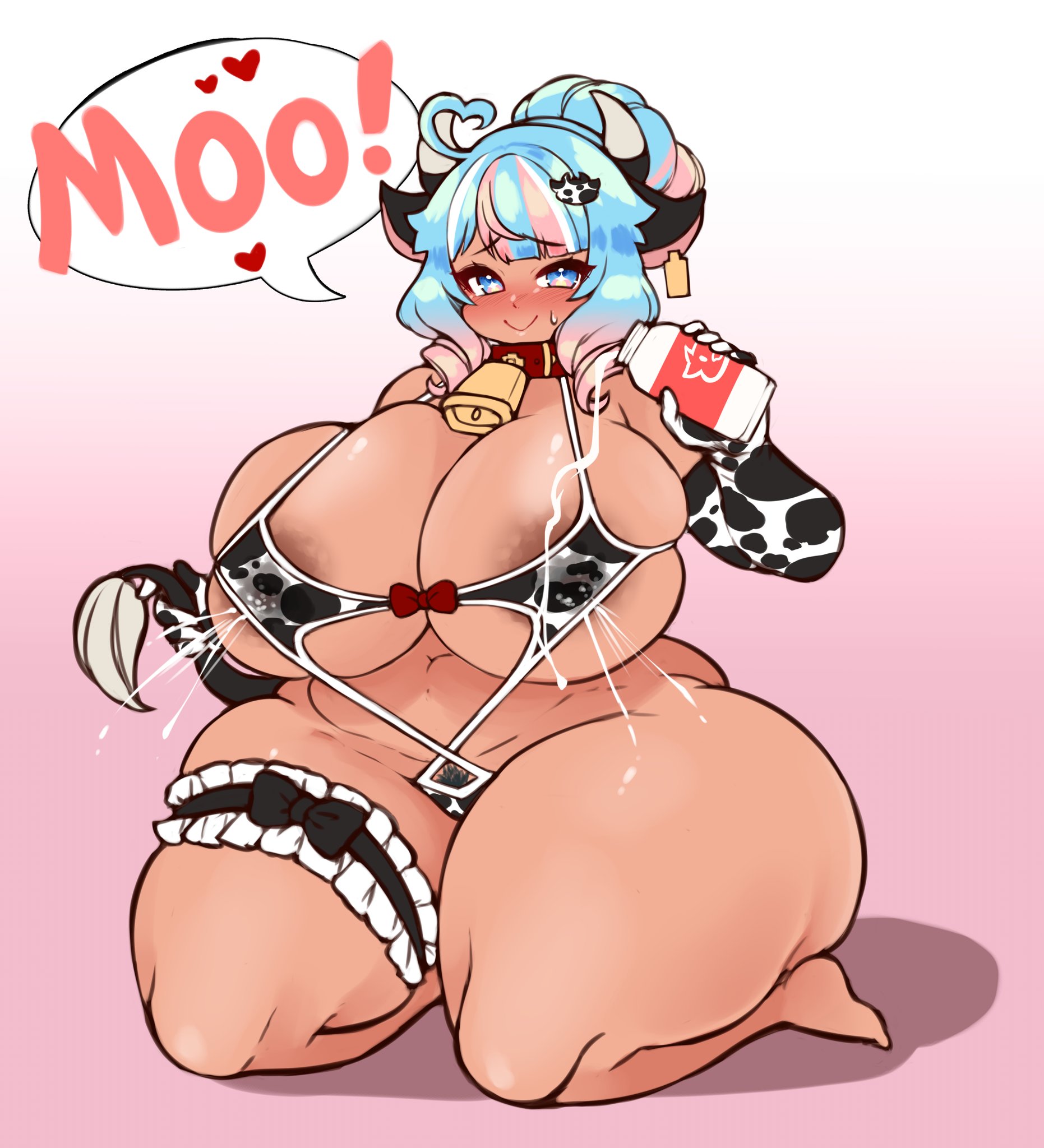 1girls, areola slip, areolae, barefoot, blue eyes, blue hair, blush, breasts, chubby, cow ears, cow girl, cow horns, cow print, cow print bikini, cow print gloves, cow tail, cowbell, dialogue, embarrassed, english text, female, female only, huge breasts, jojoniumart, kneeling, lactation, leg cuffs, looking at viewer, milk, milk bottle, minari (jojoniumart), overweight, overweight female, pink highlights, pubic hair, pubic hair peek, ribbon, simple background, sling bikini, smiling, solo, solo female, speech bubble, spill, spilled milk, tail, thick thighs, tied hair